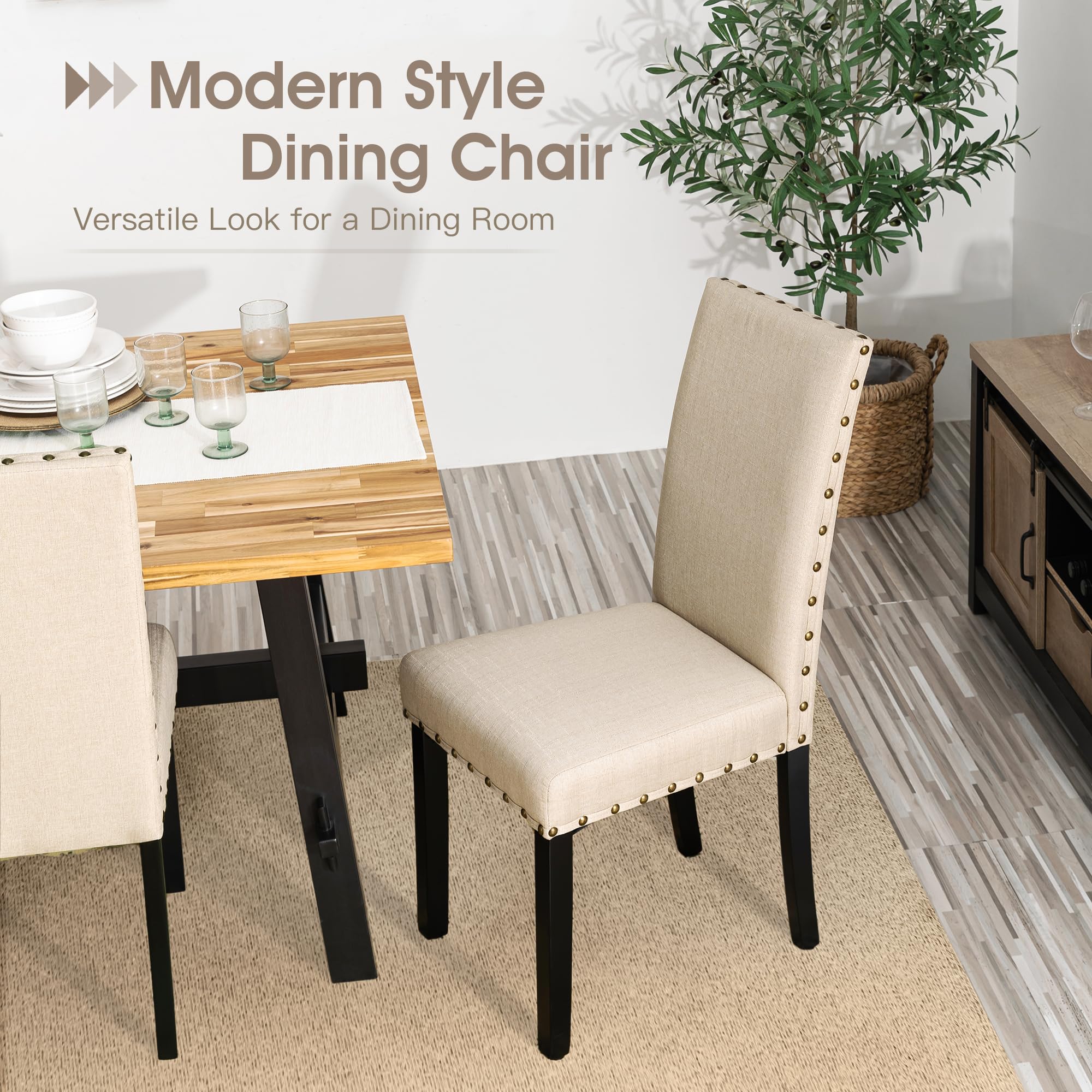 Glitzhome 4-Piece Fabric Dining Chairs with Rubberwood Legs - Modern Upholstered Kitchen Side Chairs in Beige | Perfect for Dining Room, Breakfast Nook & Small Space Decor
