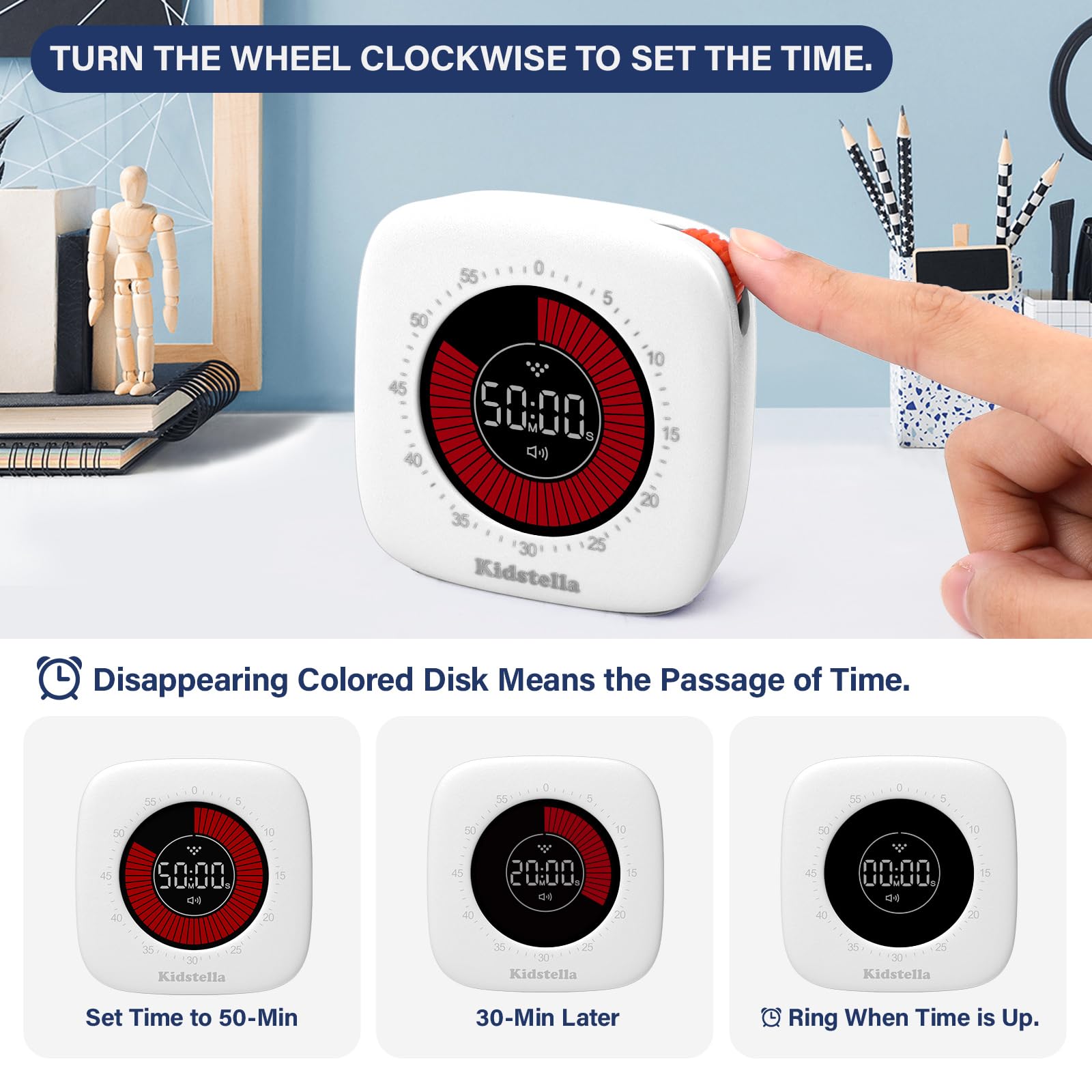Rechargeable 60-Minute Visual Timer for Kids & Adults - 4 Alarm Modes, Silent Operation Pomodoro Timer for Classroom, Kitchen, Office - Autism & ADHD Focus Tool (Pearl White) - Perfect for Study Sessions, Cooking, Time Management & Special Needs Support