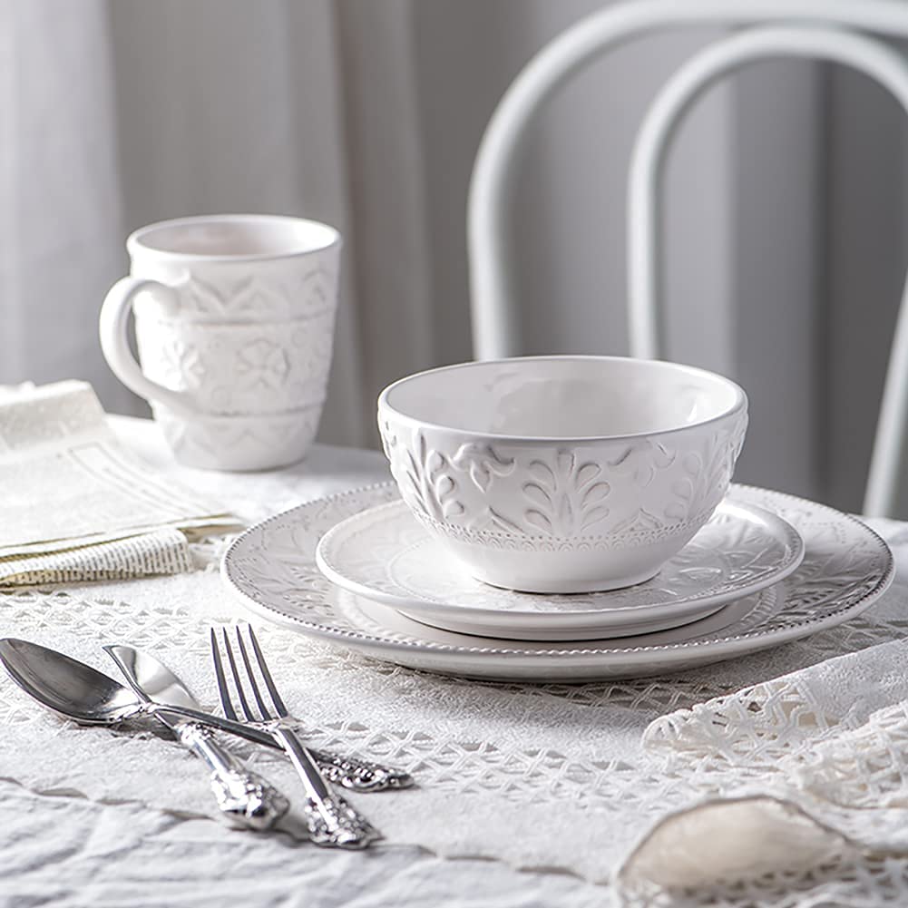 14-Piece White Ceramic Dinnerware Set with Retro Floral Embossing - Plates, Bowls & Mugs for Family Dining | Elegant Underglaze Tableware for 4 People | Perfect for Dinner Parties, Restaurants & Home Decor