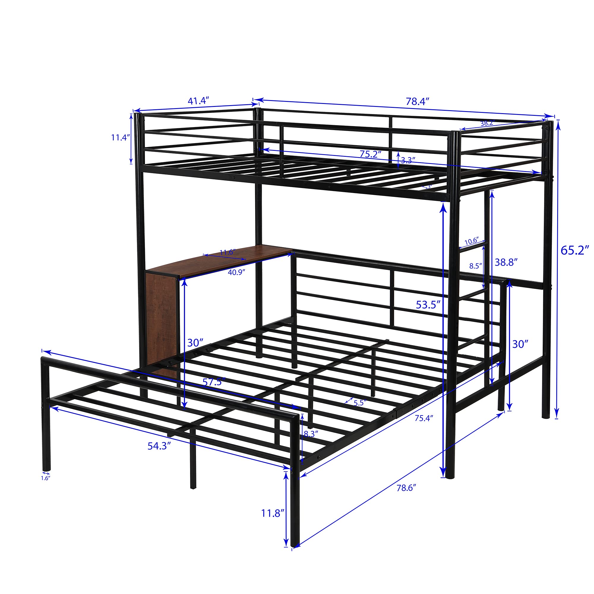 Metal Bunk Bed with Built-in Desk | Twin Over Full Bunk Bed Frame | Guardrail & Flat Step Ladder | Convertible to Separate Loft & Platform Bed (Black) - Space-Saving Solution for Kids' Bedrooms, Dorms & Small Apartments