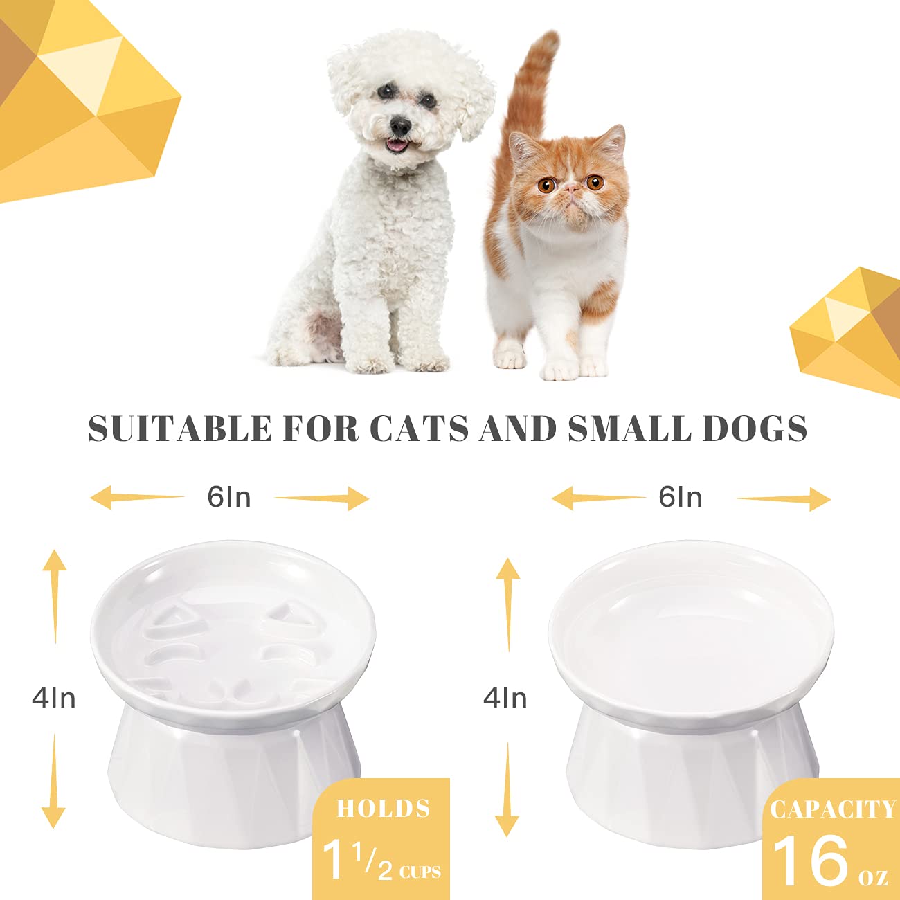 Frewinky Ceramic Slow Feeder Cat Bowls - 2-Piece Elevated Pet Food & Water Bowl Set for Cats & Small Dogs | Anti-Gulping Design for Dry/Wet Food | Perfect for Mealtime Fun & Portion Control in Homes with Multiple Pets