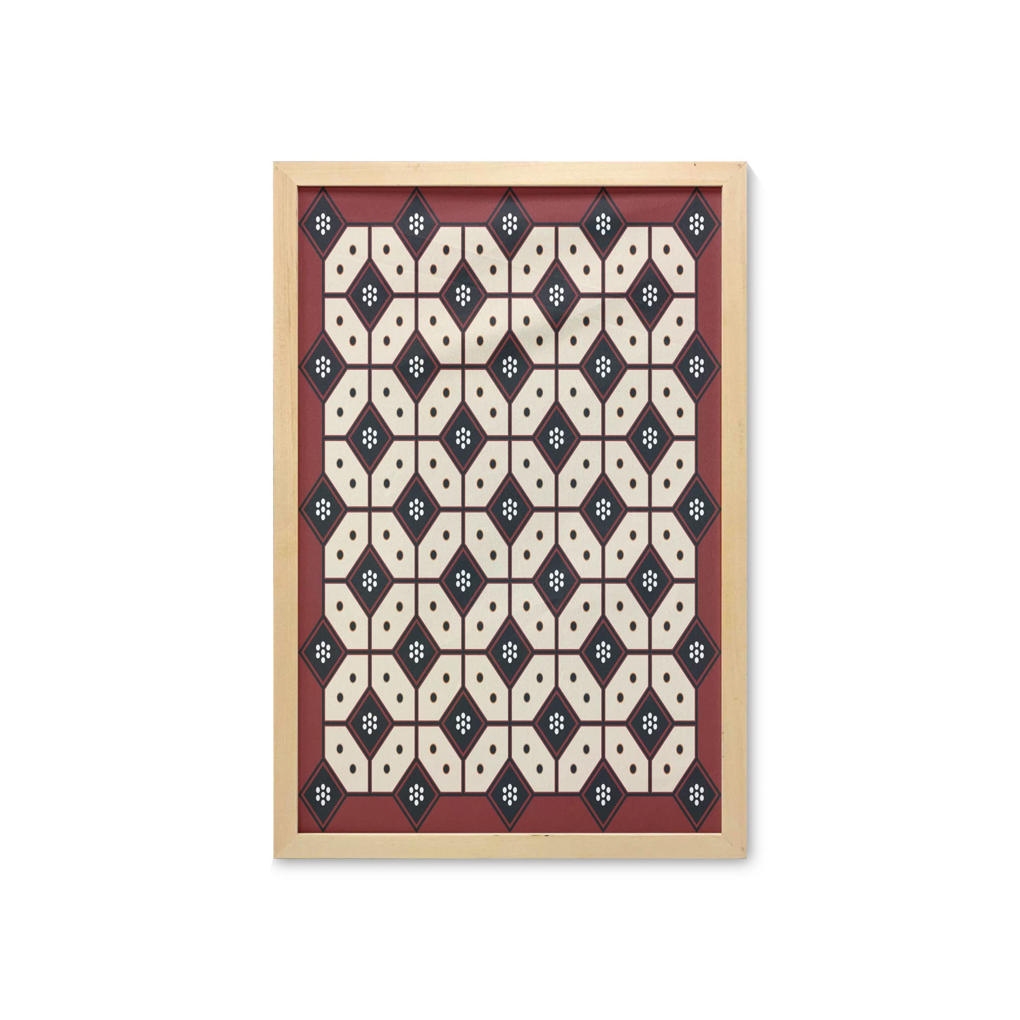 Ambesonne Ethnic Wall Art with Frame - Javanese Batik Pattern Rhombus Mosaic Dots Traditional Yogyakarta Print - 23x35 Inch Ruby Cream & Black Fabric Poster - Perfect for Bathroom, Living Room, Bedroom & Dorm Decor
