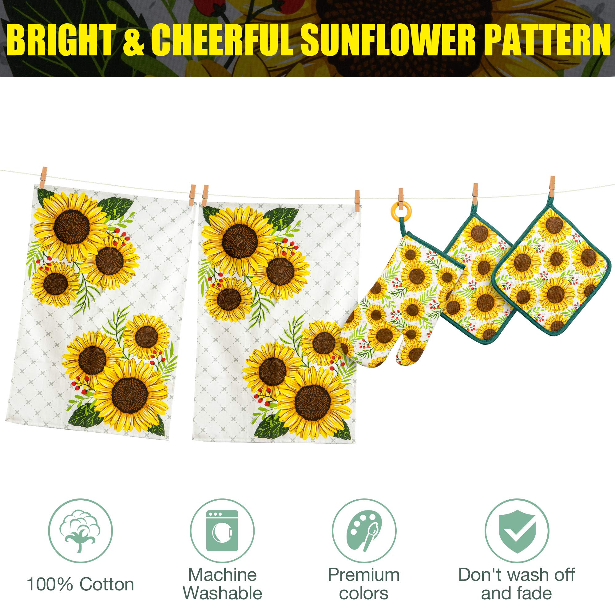 Premium Sunflower Printed Kitchen Towels Set of 5 - Absorbent & Soft Dish Cloths for Cooking, Baking & Cleaning - Farmhouse Decor for Kitchen & Dining Room