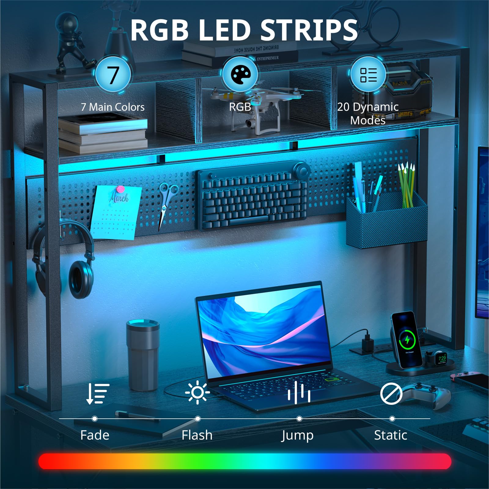 L Shaped Gaming Desk with Pegboard, Shelves & Drawers - Large Computer Desk with Power Outlet, LED Lights, Monitor Stand & CPU Stand - Black Corner Desk for Home Office & Gaming Setup | Perfect for PC Gaming, Workstation & Home Office Organization