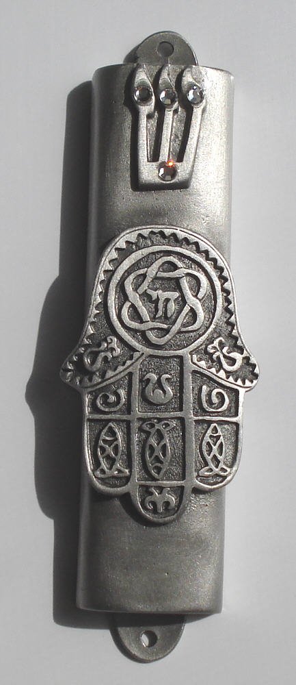 Pewter Mezuzah Chamsa with Kosher Scroll - Handcrafted Door Mezuzah for Jewish Home Blessing & Protection | Perfect for Housewarming Gifts & Front Door Decor