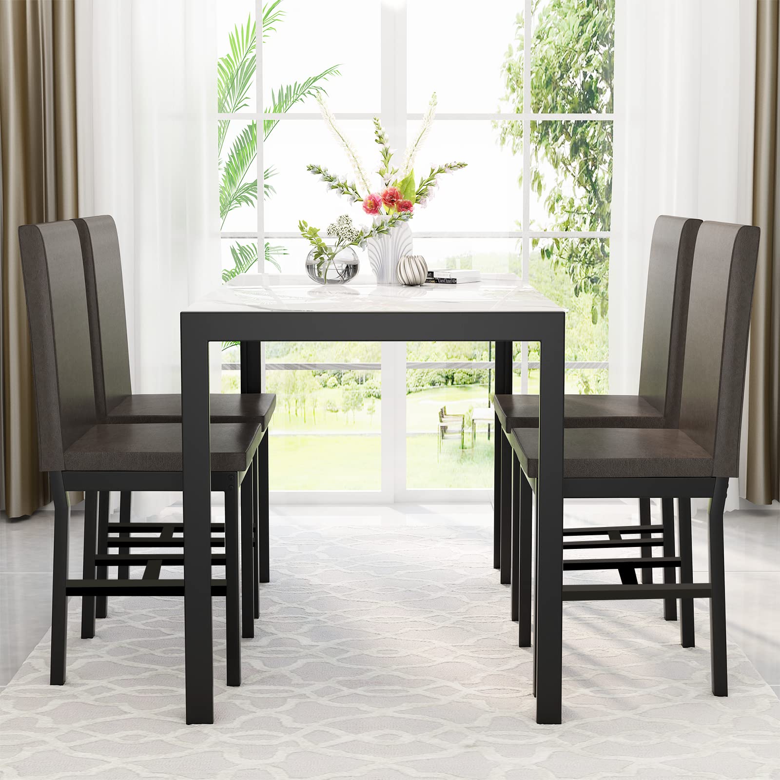 MIERE 5-Piece Marble Dining Set with Faux Leather Metal Frame Chairs - White Modern Kitchen Table & 4 Chairs for Dining Room, Breakfast Nook & Small Space | Perfect for Family Meals, Entertaining Guests & Cozy Breakfasts