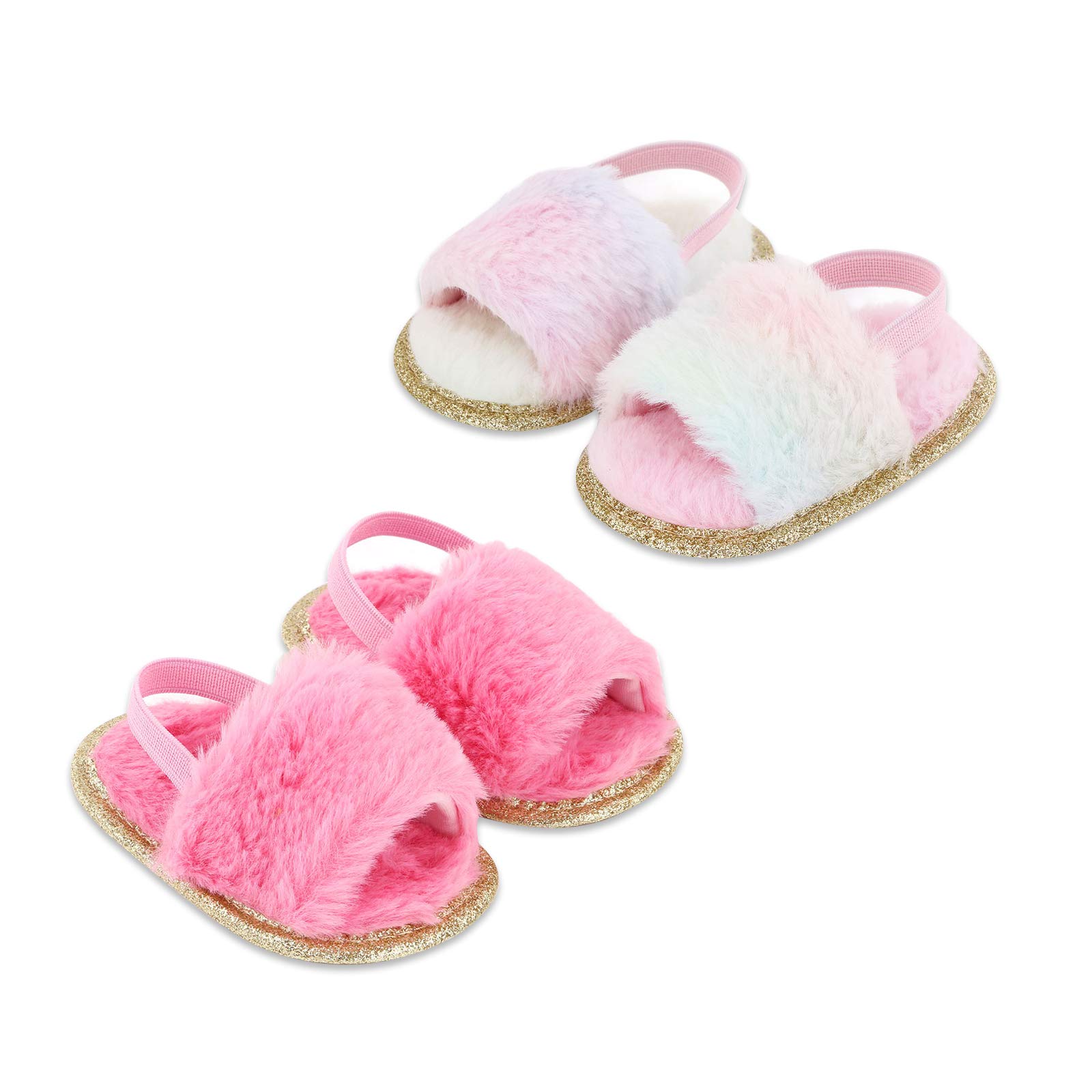 2 Pack Baby Girls Sandals - Soft Elastic Back Strap Flats with Faux Fur - First Walker Slippers for Toddlers - Perfect for Indoor Play, Princess Dress-Up & Comfortable House Shoes