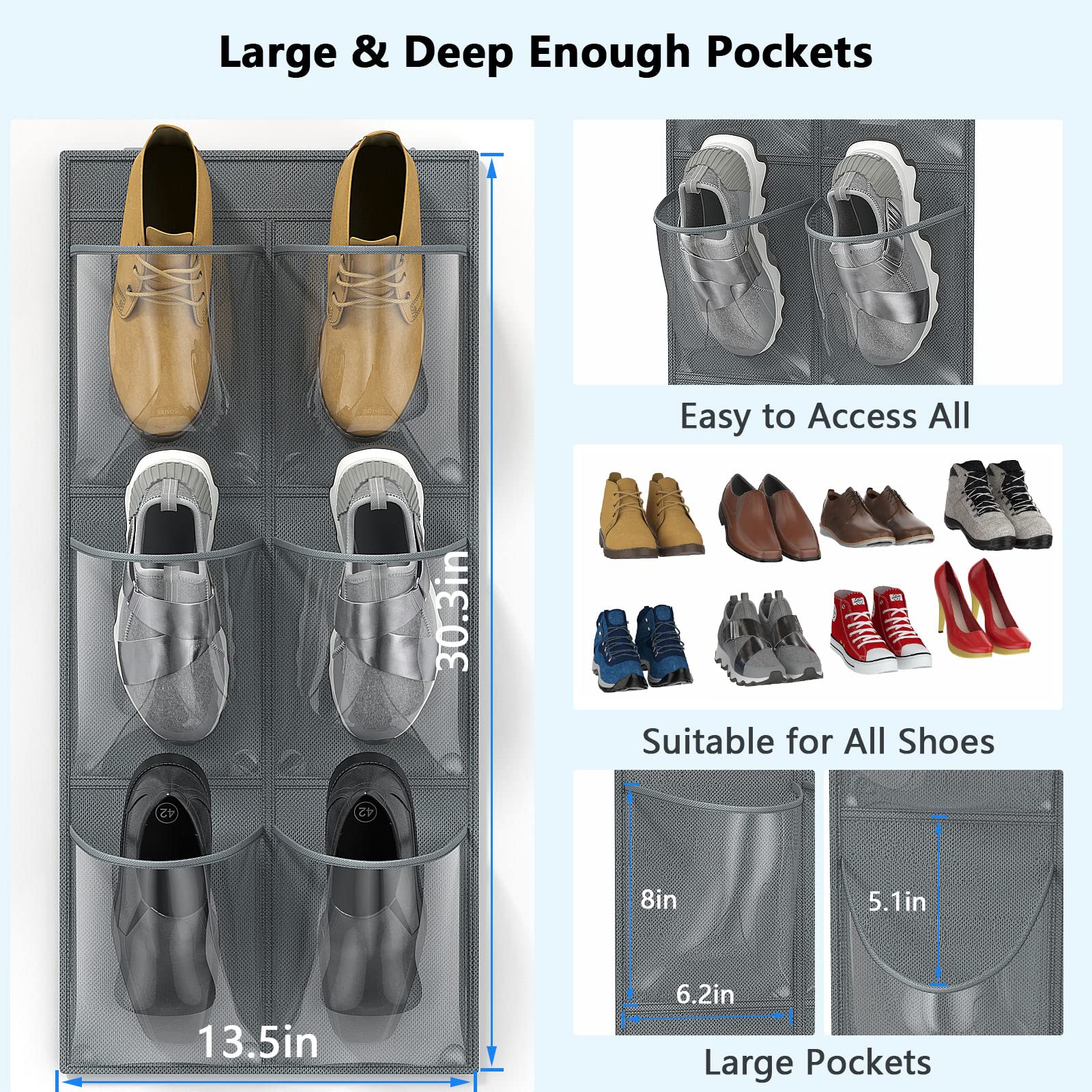 2-Pack Clear Over The Door Shoe Organizer - 12-Pocket Hanging Shoe Rack for Closet with Adhesive Strips, No Drill Wall Mount Shoe Storage for RV, Camper, Dorm & Small Spaces - Space Saving Shoe Organizer for Sneakers, Flats & Heels