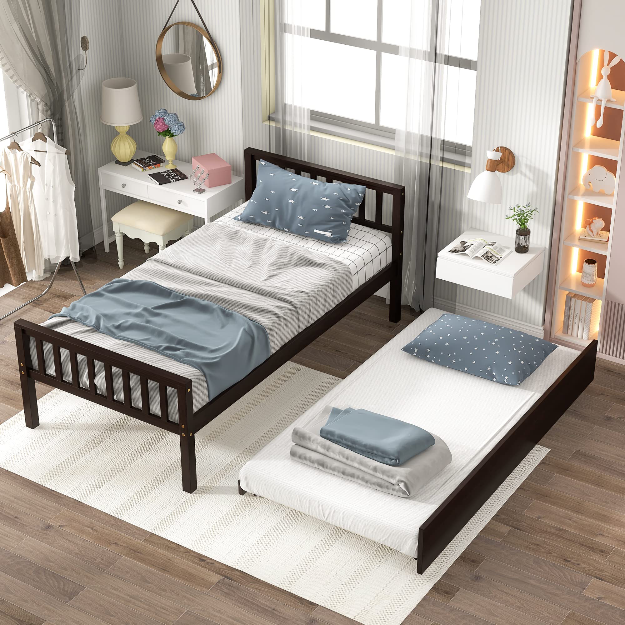 Twin Platform Bed Frame with Trundle - Solid Pine Wood Daybed with Headboard & Footboard - Sturdy 10-Slat Support (No Box Spring Needed) - Espresso Finish - Perfect for Kids' Room, Guest Bedroom or Small Space Solution