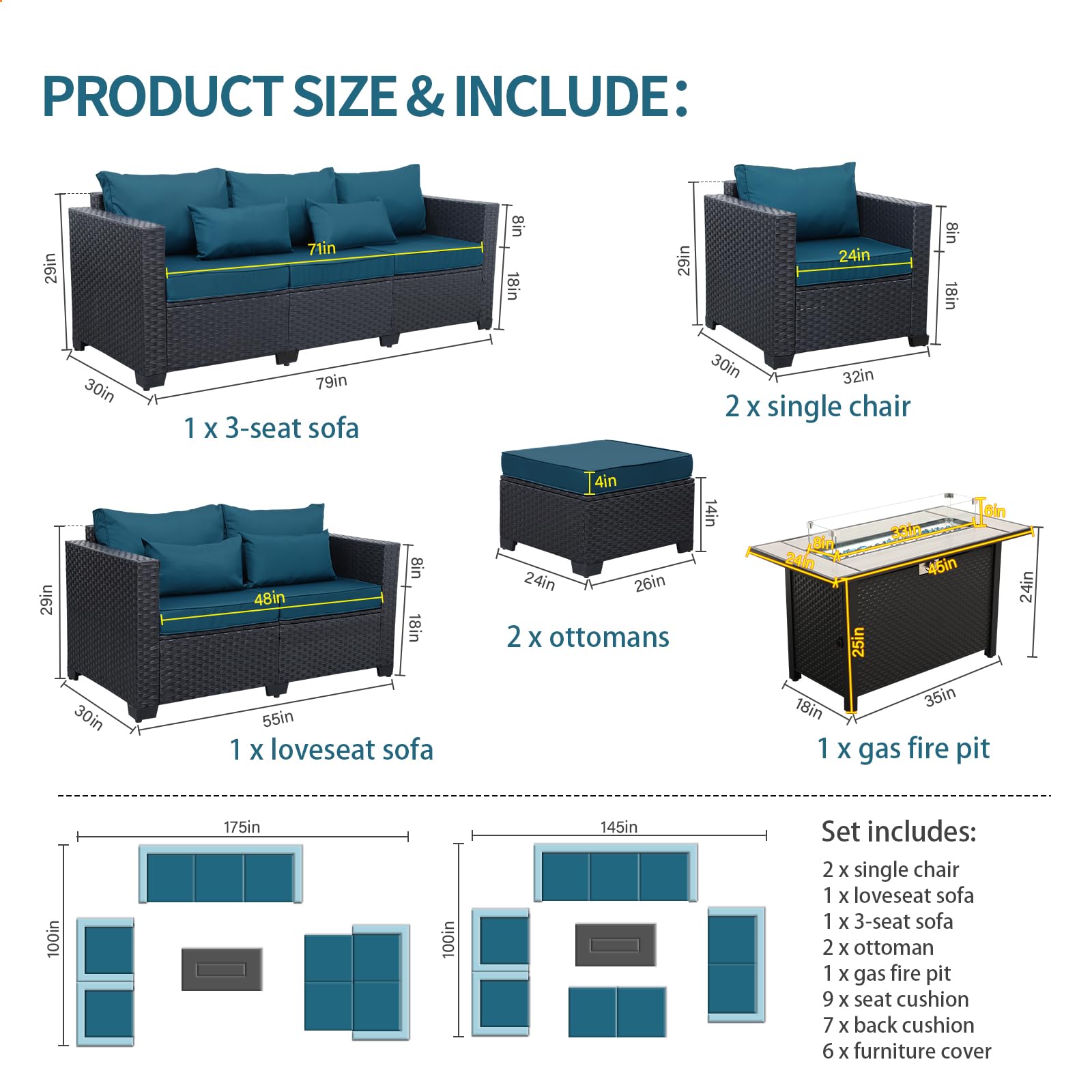**45-Inch Outdoor Fire Pit Table with 7-Piece Patio Furniture Set - 60,000 BTU Propane Fire Pit, Peacock Blue - Includes No-Slip Cushions & Waterproof Covers - Perfect for Backyard, Garden, and Poolside Gatherings**