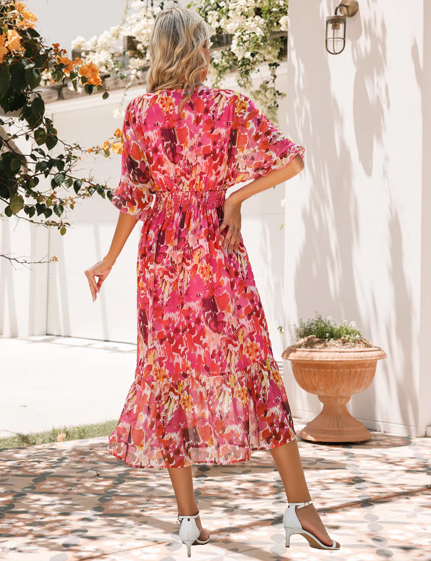 Floral Midi Dress for Women 2025 - A-Line Chiffon Boho Summer Dress with Short Sleeves | Perfect for Beach Vacations, Garden Parties & Casual Outings
