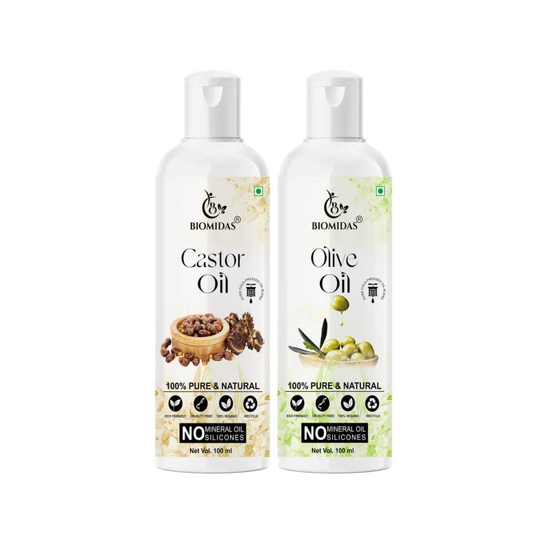 Biomidas 100% Pure Castor Oil & Olive Oil Combo (100ML Each) - Promotes Rapid Hair Growth, Reduces Hair Fall, Repairs Split Ends for Softer, Shinier Hair - Perfect for Daily Hair Care & Scalp Treatment (Pack of 2)