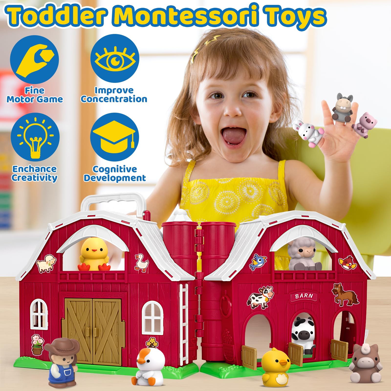 KMUYSL Farm Animal Playset - Montessori Learning Toys for Toddlers 1-3 Years Old | Big Red Barn with Animals, Educational Gift for Boys & Girls | Perfect for Christmas, Birthday & Easter | Ideal for Pretend Play, Early Learning & Sensory Development
