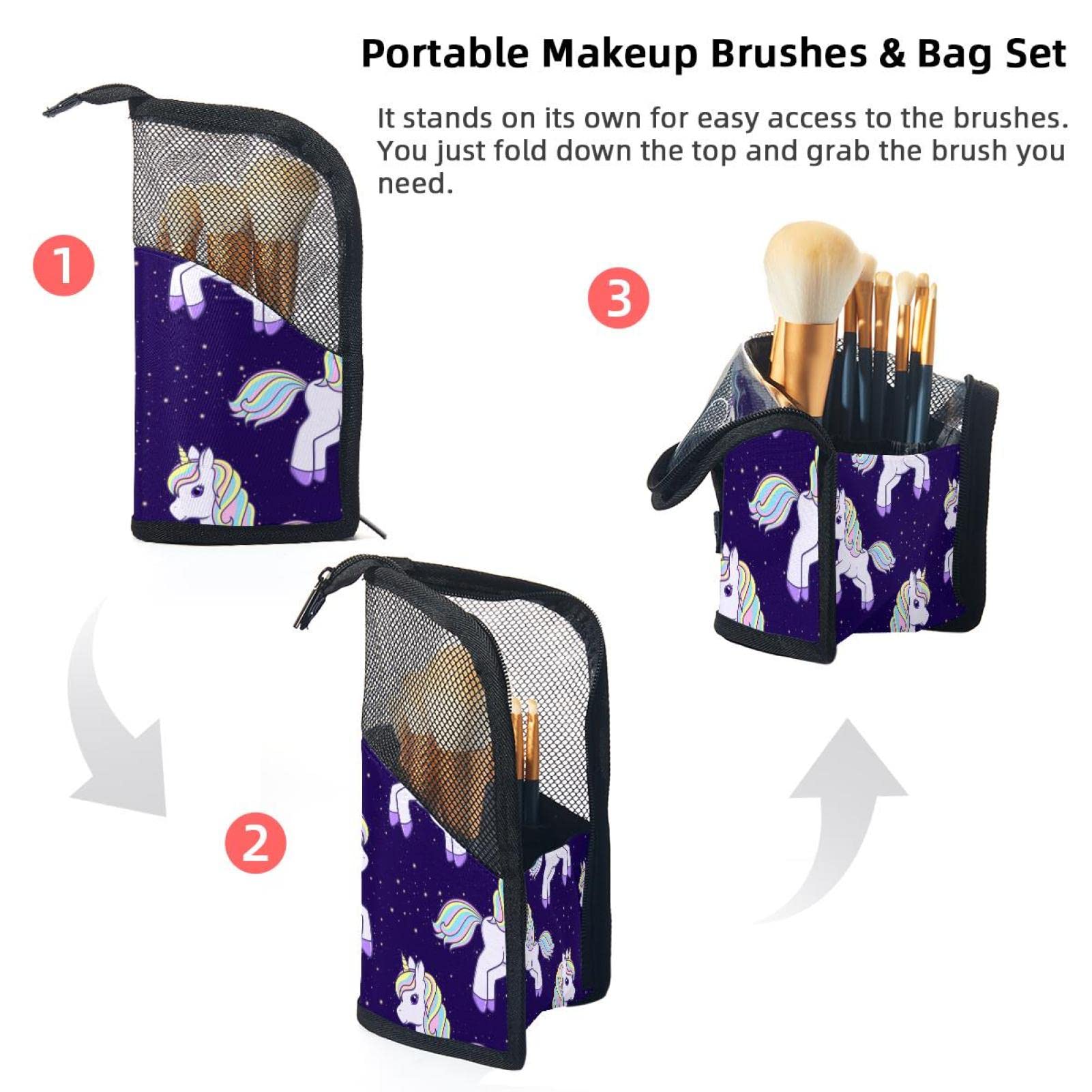 12-Piece Makeup Brush Organizer Bag with Cartoon Unicorn Design - Portable Purple Makeup Brush Holder Case for Travel & Home Storage | Perfect Cosmetic Organizer for Makeup Artists & Beauty Enthusiasts