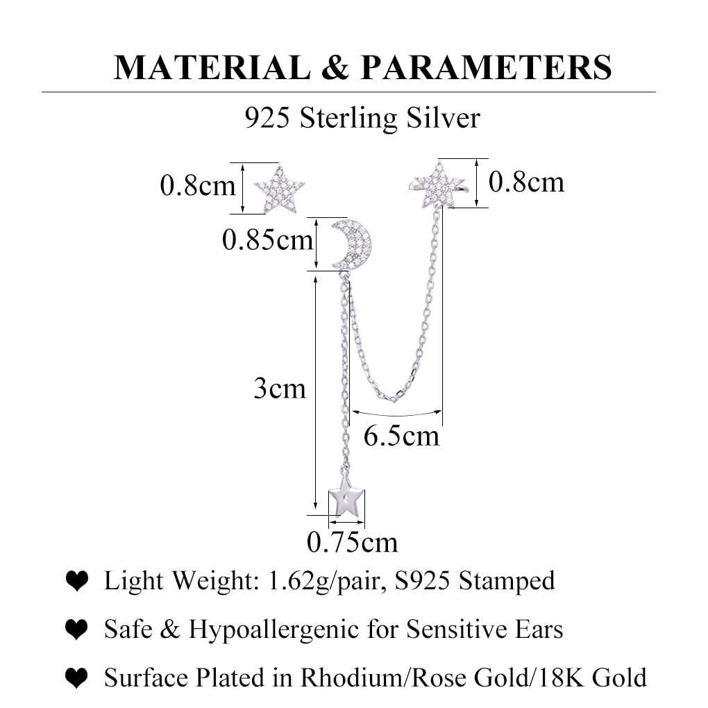 925 Sterling Silver Asymmetric Star Moon Crawler Earrings for Women - Dangling Chain Cuff Earrings for Party, Date Night & Special Occasions