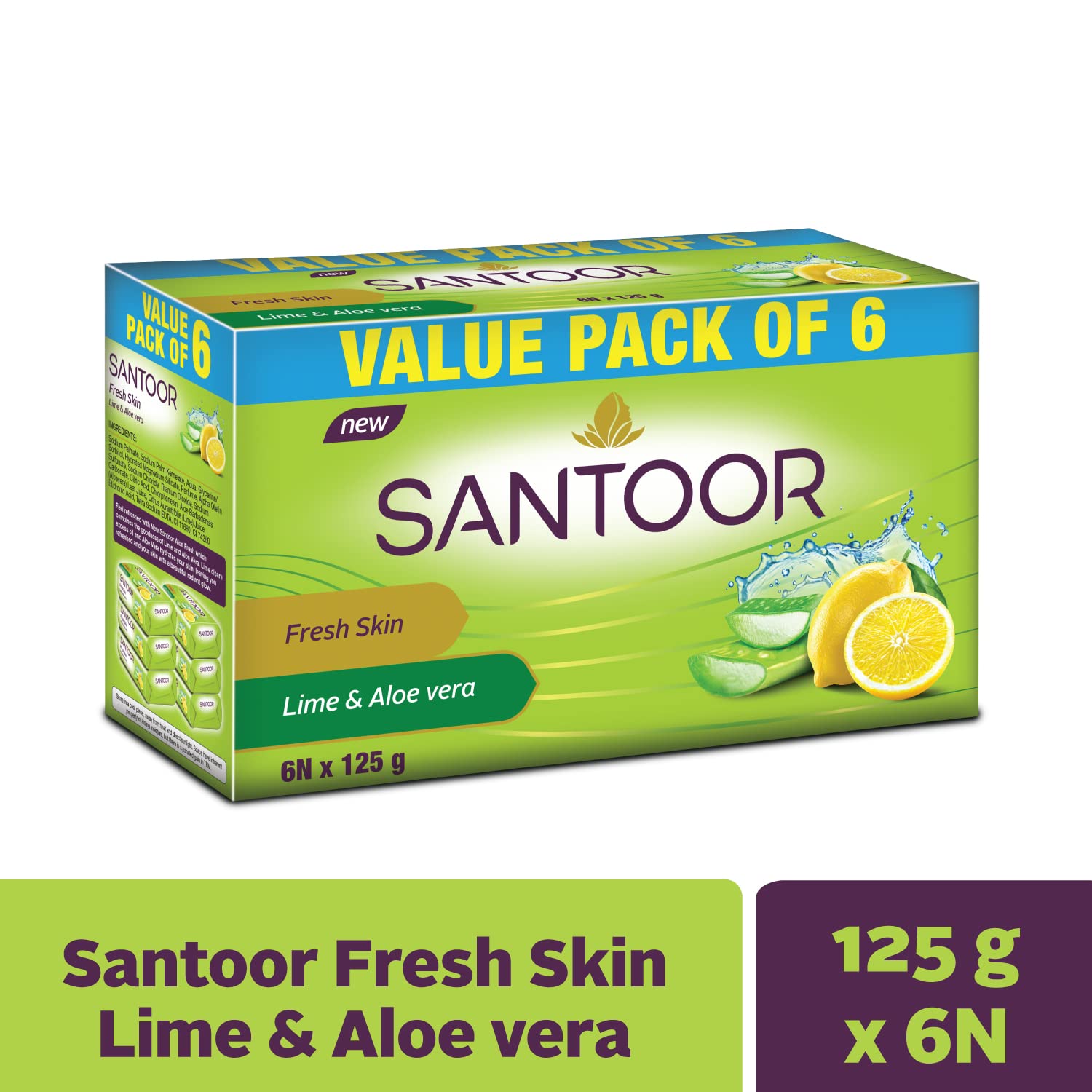 Santoor Aloe Fresh Soap 125g (Pack of 6) & Santoor Sandalwood Almond Milk Soap 125g (Buy 4 Get 1 Free) - Natural Skin Care for Dry & Sensitive Skin - Perfect for Daily Cleansing & Moisturizing