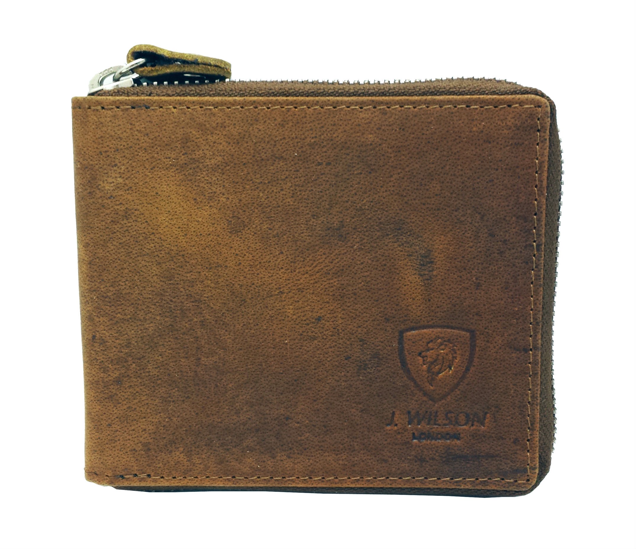 J. Wilson London RFID Blocking Men's Genuine Leather Zip Around Wallet with Coin Pocket - Distressed Brown - Gift Box Included | Secure Travel & Everyday Use Wallet for Credit Cards & Cash