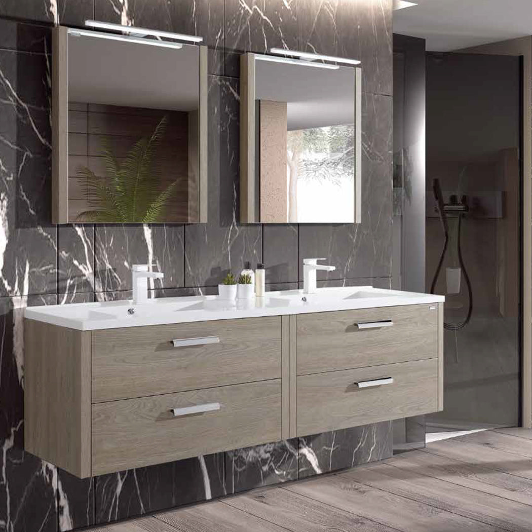 VALENZUELA Serie Nova Double Vanity - Wall Mount Bathroom Sink with 4 Soft Close Drawers - Modern Space Saving Design for Small Bathrooms & Powder Rooms