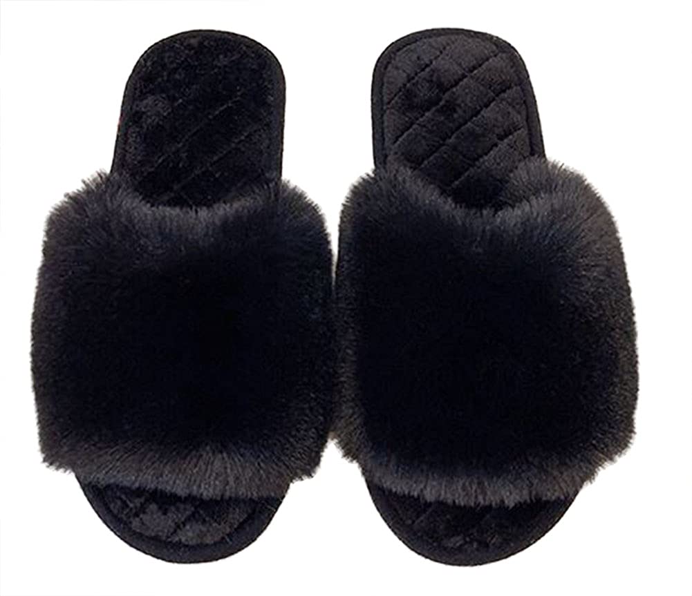 Women's Furry Faux Fur Slippers - Fluffy Winter House Shoes with Memory Foam for Indoor/Outdoor Use | Cozy Open-Toe Slide Sandals for Bedroom, Lounge & Home Comfort