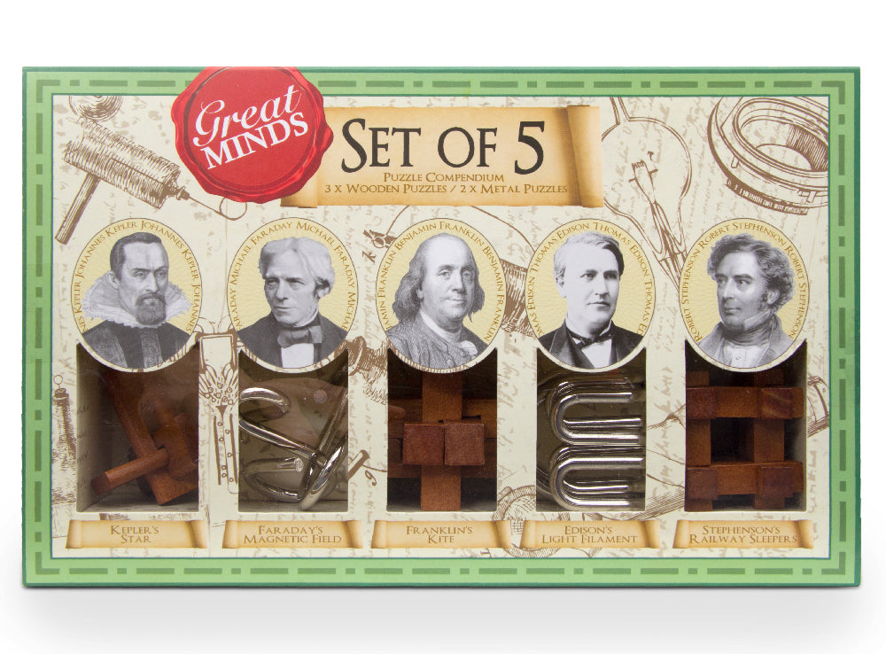 Great Minds Set of 5 Metal & Wood Brain Teaser Puzzles - Challenging Logic Games for Adults & Kids - Perfect for Family Game Night, Office Stress Relief & Cognitive Training