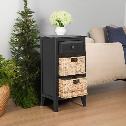 Safavieh Everly Distressed Black Nightstand with Drawer & 2 Removable Baskets - Bedside Table for Bedroom, Living Room, or Office Storage