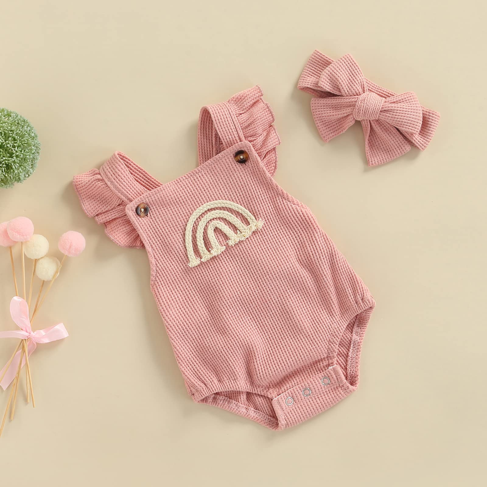 Douhoow Baby Girl Rainbow Boho Ruffled Sleeveless Romper with Headband - Soft Cotton Summer Outfit for Newborn Infant Toddler, Perfect for Photoshoots, Parties & Playdates