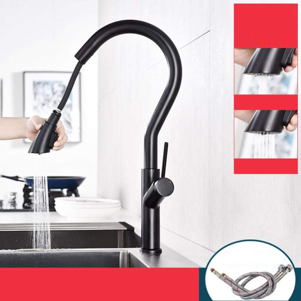 Black Brass Kitchen Sink Mixer Tap with Pull Down Sprayer - 360 Degree Rotation, 2 Spray Modes, Telescopic Faucet for Hot & Cold Water - Perfect for Modern Kitchens, Cooking, Washing Dishes & Food Prep