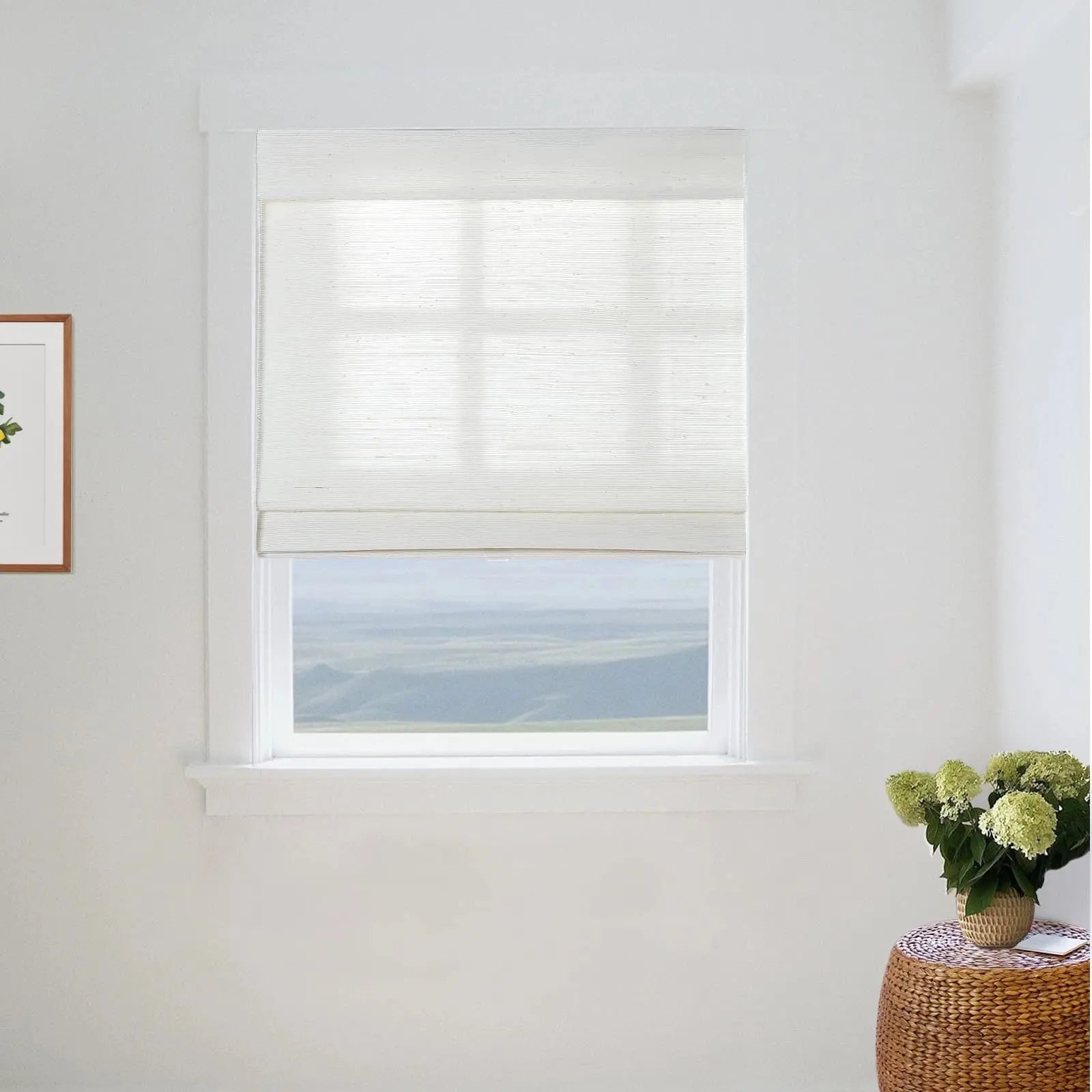 Natural Ramie Bamboo Woven Window Shade - Breathable Rattan White Roller Blind for Living Room, Bedroom & Patio Privacy