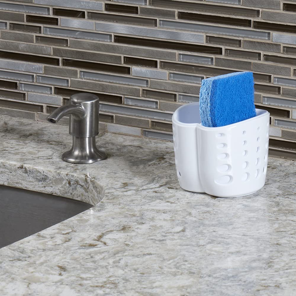 Home Basics Double Sponge Holder Kitchen Sink Caddy - White Saddle Faucet Soap & Sponge Organizer with Drain Holes | Perfect for Kitchen Sink Organization & Dishwashing Accessories