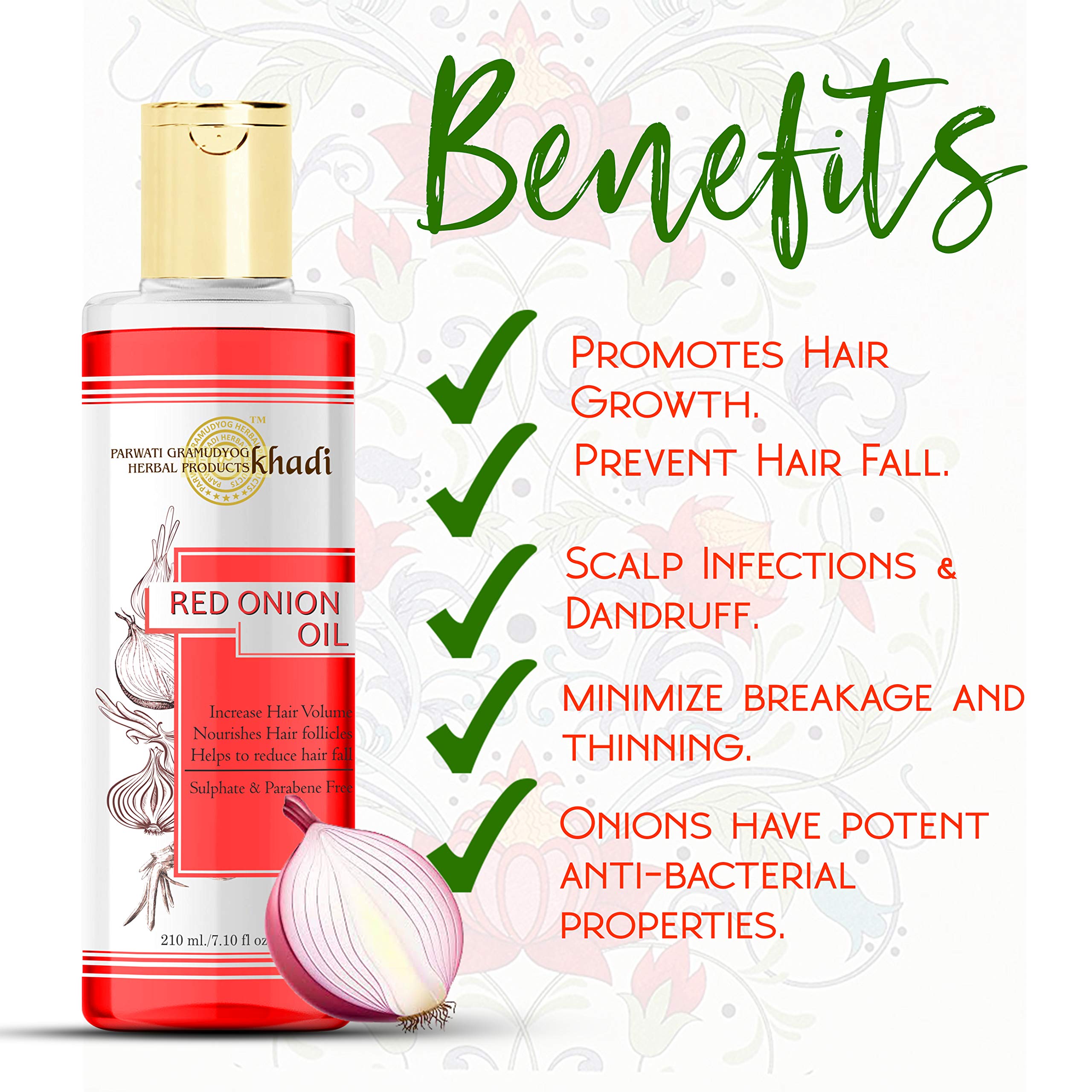 100% Pure & Natural Srotam Khadi Herbal Red Onion Oil for Hair Growth & Hair Fall Control - Pack of 2 | Promotes Thicker, Stronger Hair & Scalp Health - Perfect for Daily Hair Care & Damaged Hair Repair