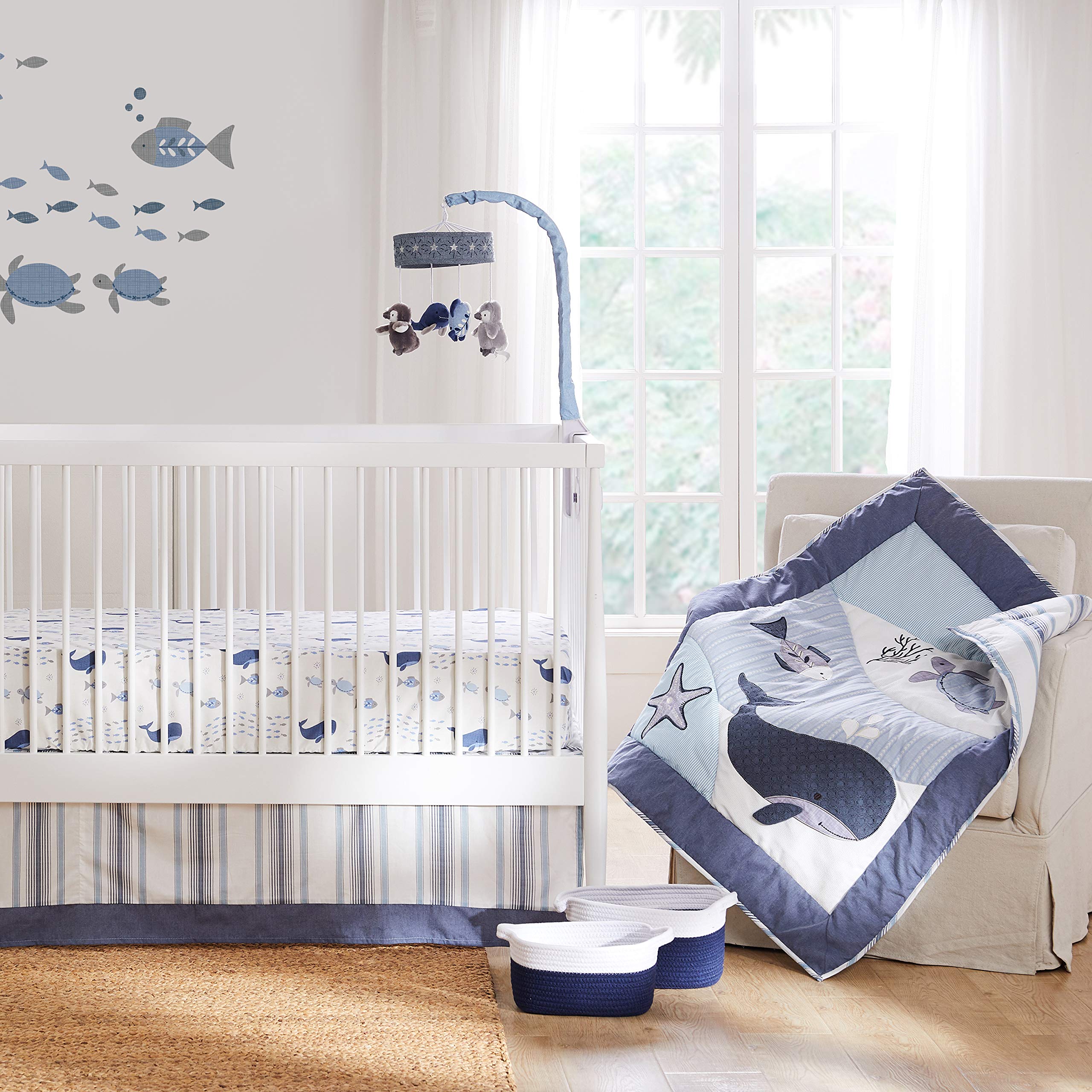 Levtex Baby Boho Bay Crib Bedding Set - 5 Piece Nursery Collection with Quilt, Fitted Sheets, Wall Decal & Dust Ruffle - Navy Blue Grey White Under The Sea Theme - Perfect for Coastal Nursery Decor & Baby Shower Gifts