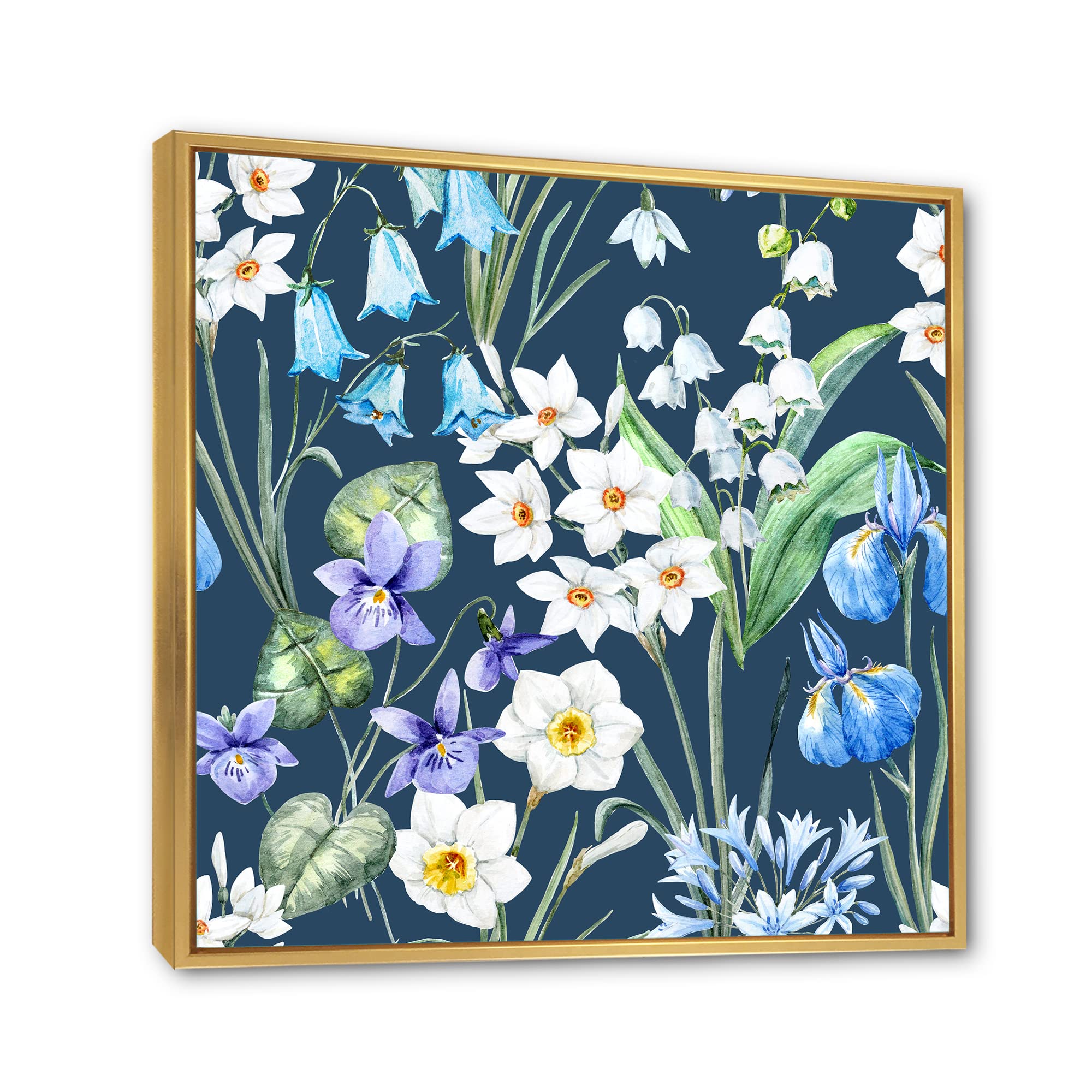 DesignQ White and Blue Spring Flowers on Dark Blue - Traditional Framed Canvas Wall Art Print for Living Room, Bedroom & Office Decor