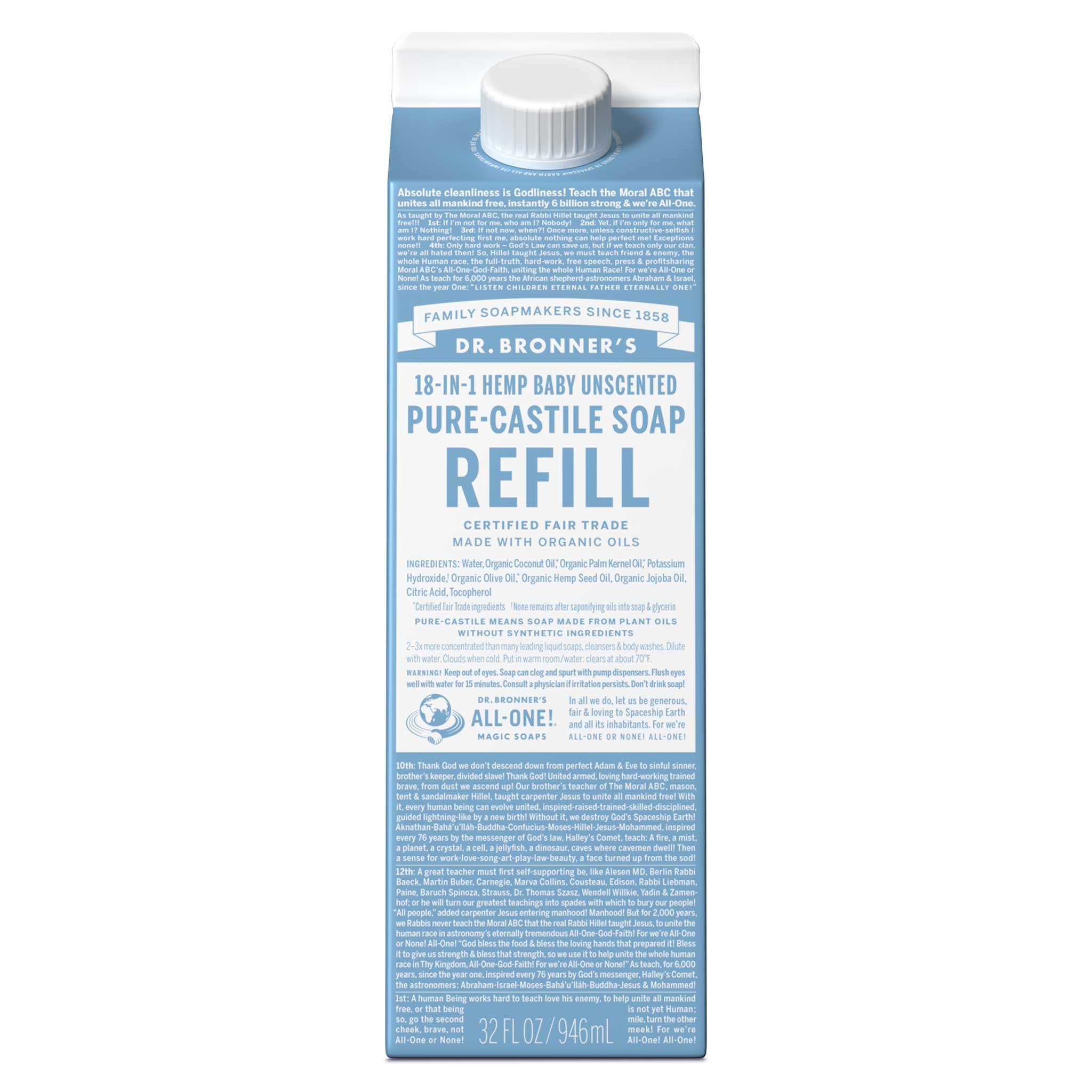 Dr. Bronner's Pure-Castile Liquid Soap Refill - Organic Certified, 82% Less Plastic - 18-in-1 Multipurpose Soap for Face, Body, Hands & Baby Care - Unscented, 32oz - Perfect for Home, Travel & Eco-Friendly Living