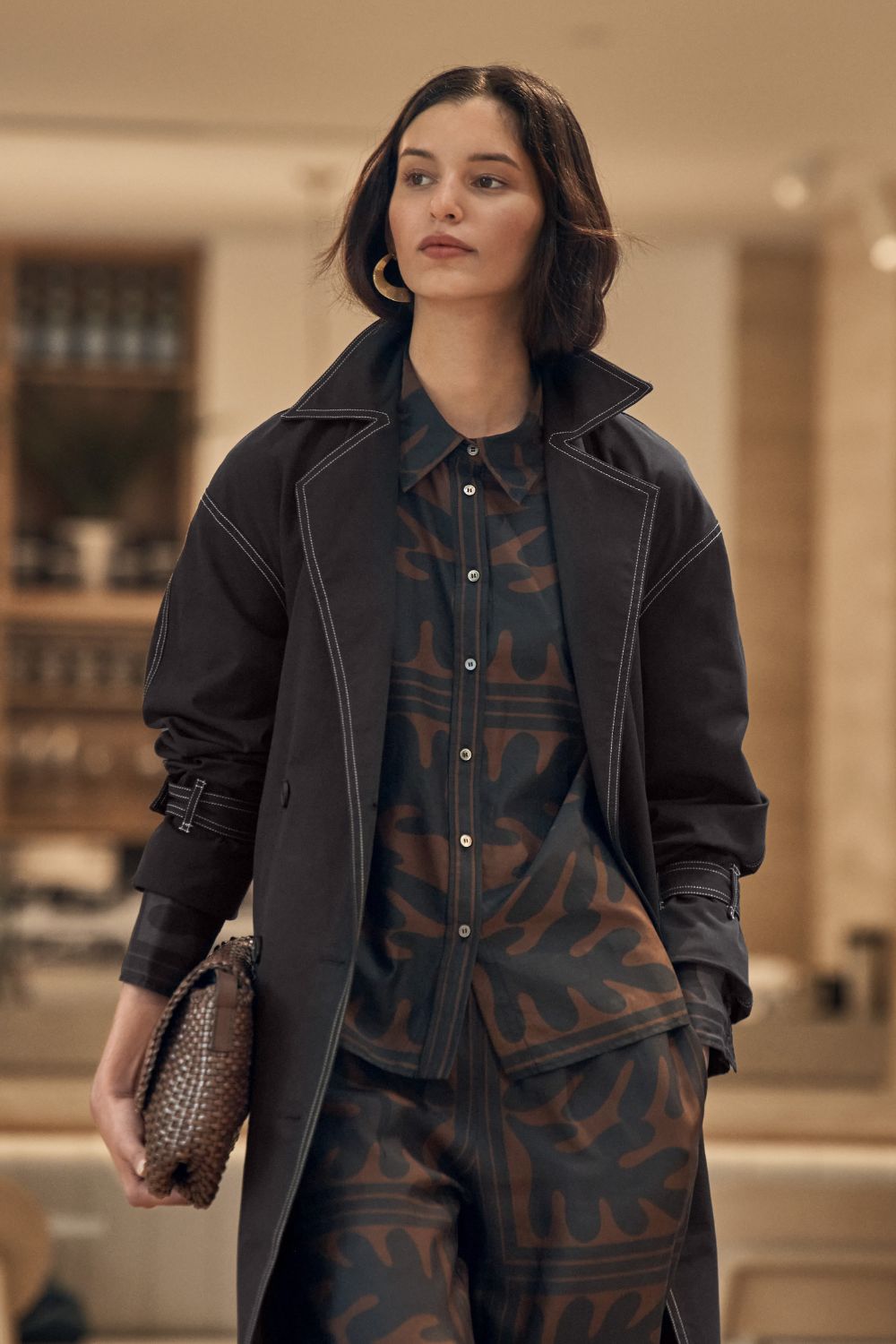 Agent Black Contrast Stitch Trench Coat for Women - Stylish Waterproof Long Coat with Belt - Perfect for Office, Travel & Fall Fashion