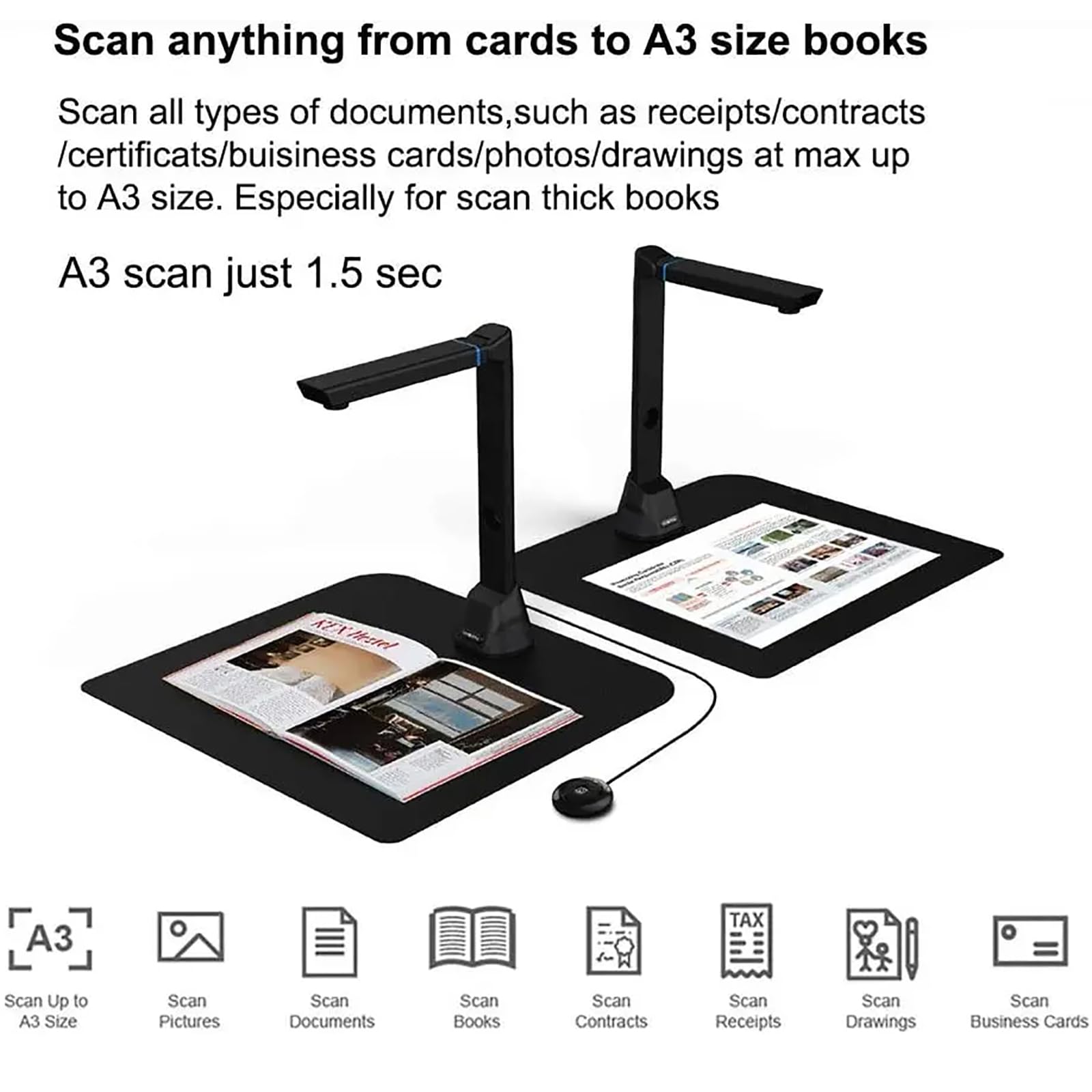 HTONVK 16MP Portable Document Scanner - High Definition A3 Book Scanner with OCR, Auto-Flattening & Multi-Language Support - Foldable Scanner for Office, Teachers & Home Use - Perfect for Digitizing Books, Contracts & Archiving Documents