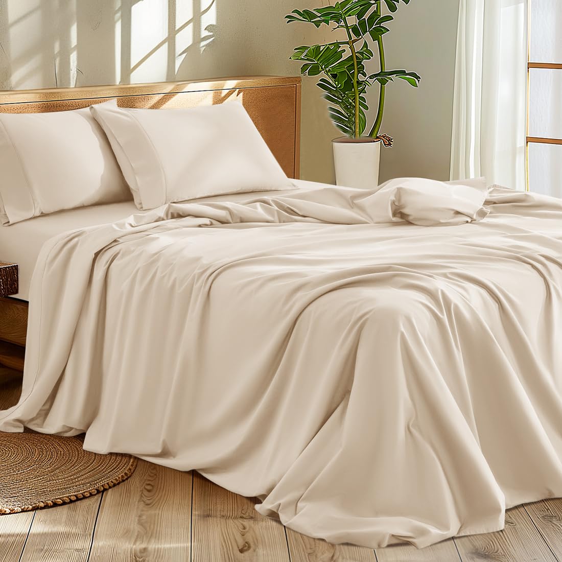 Luxury 1200 Thread Count 100% Egyptian Cotton Sheets Set - 5-Star Hotel Quality, Breathable & Cooling Bedding - 16 Inch Deep Pocket - 4 Piece Queen Size (Beige) | Perfect for Master Bedrooms, Guest Rooms & Luxury Hotels