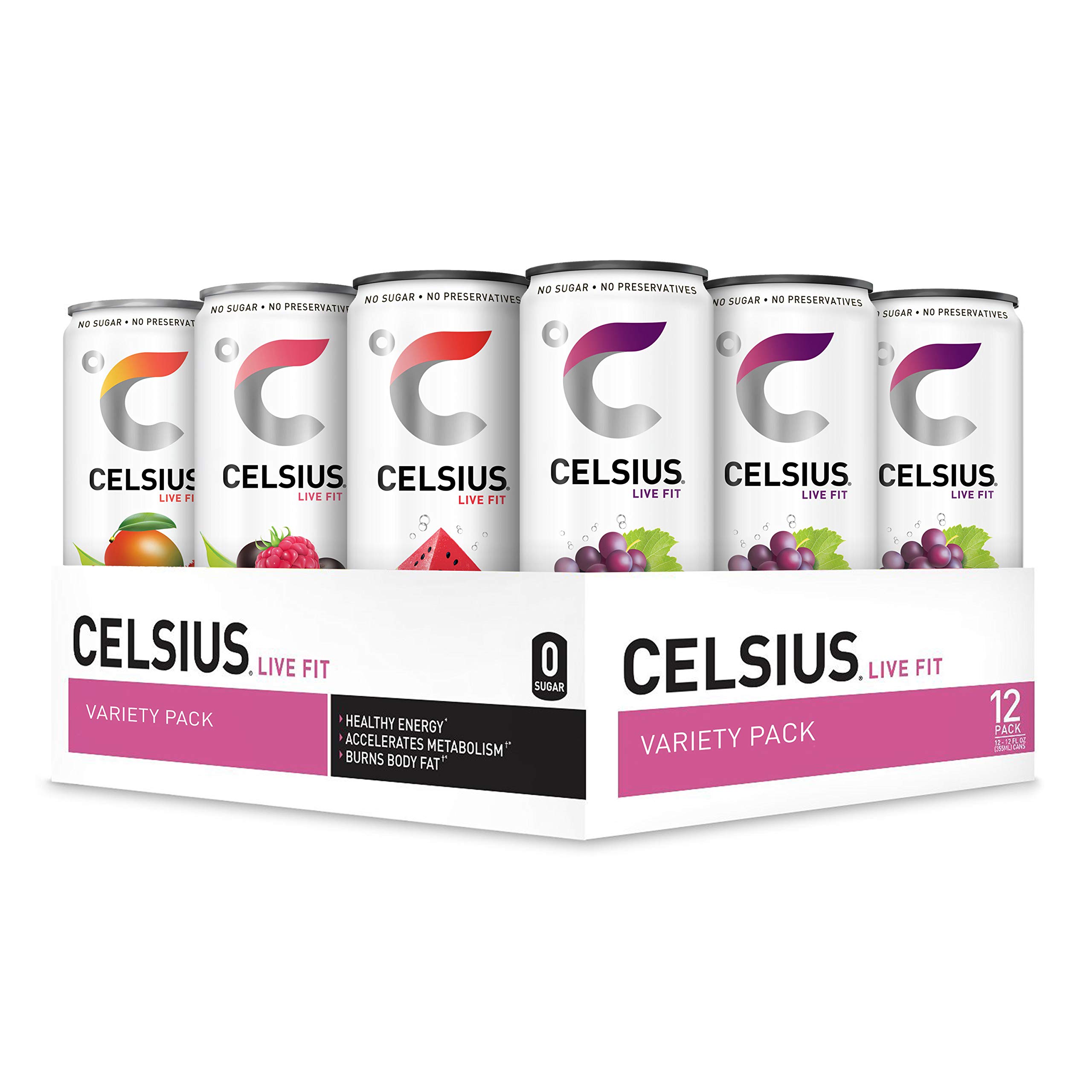 CELSIUS Fitness Drink 4-Flavor Variety Pack - Zero Sugar Energy Drinks, 12oz Slim Cans (12 Pack) - Pre-Workout & Post-Workout Hydration for Athletes & Gym Lovers