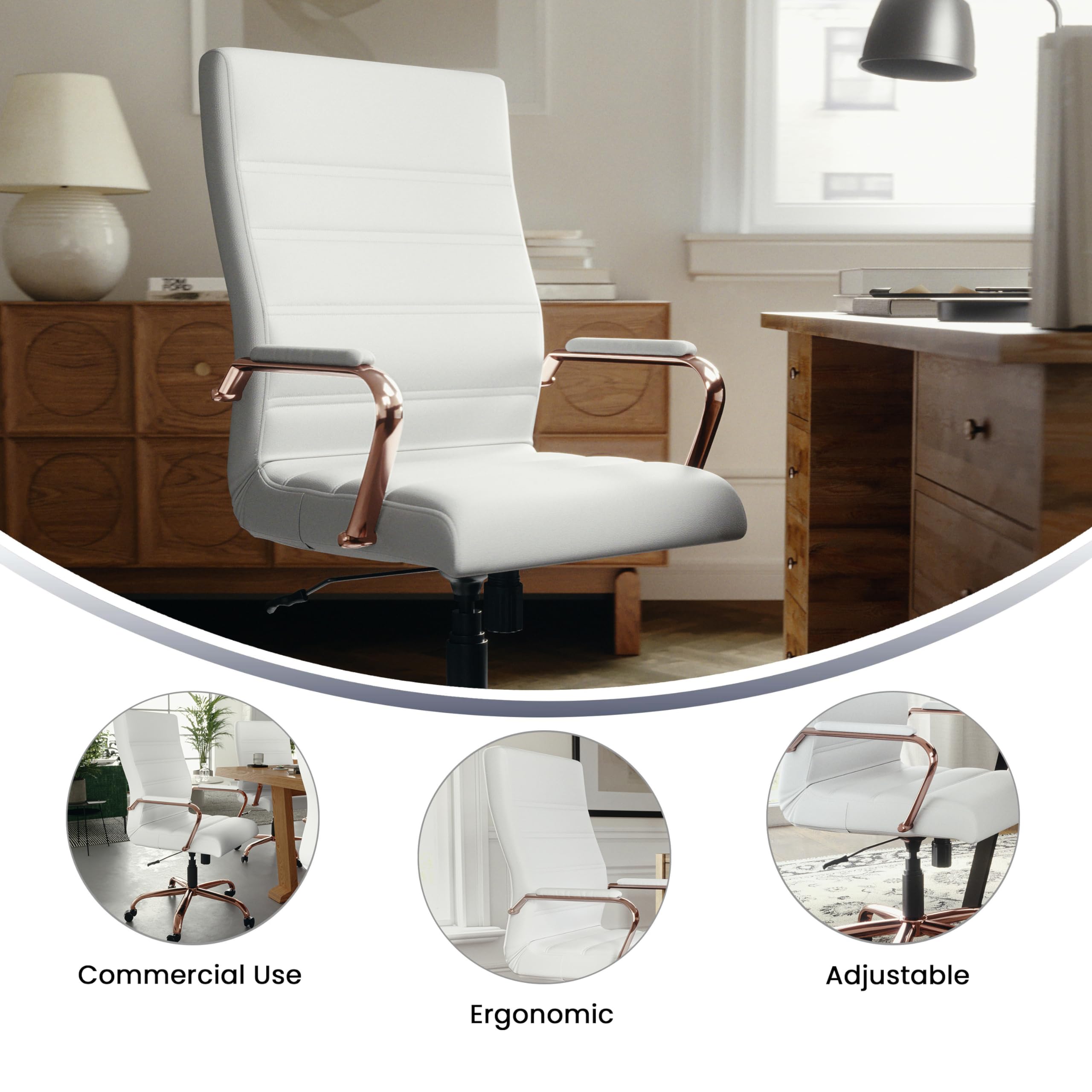 Premium White LeatherSoft High Back Executive Office Chair with Rose Gold Frame - Ergonomic Swivel Arm Chair for Home & Office Workspaces