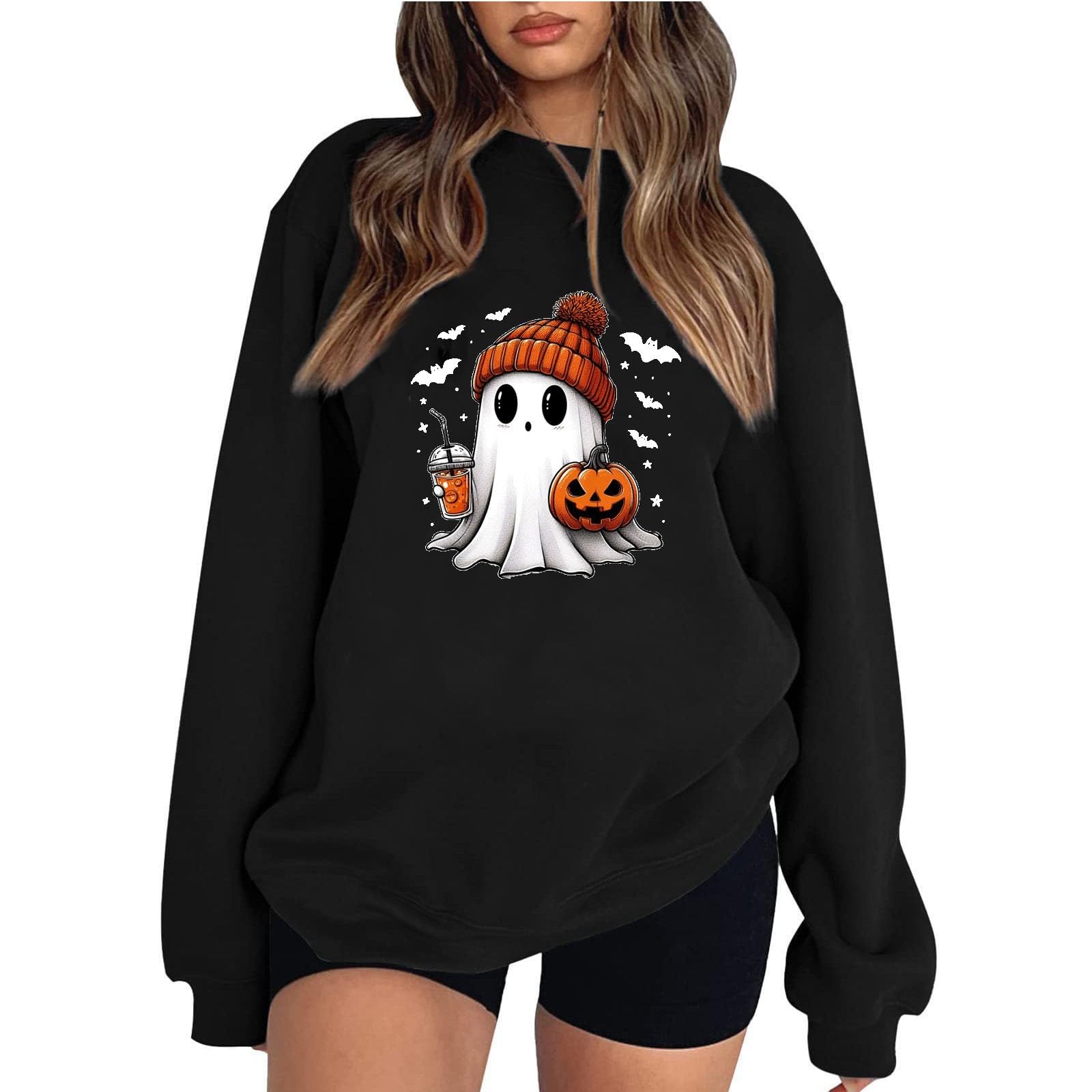 Women's Halloween Sweatshirt - Cute Ghost & Pumpkin Print Pullover Top | Funny Graphic Crewneck Sweater for Costume Parties, Trick or Treating & Fall Festivals