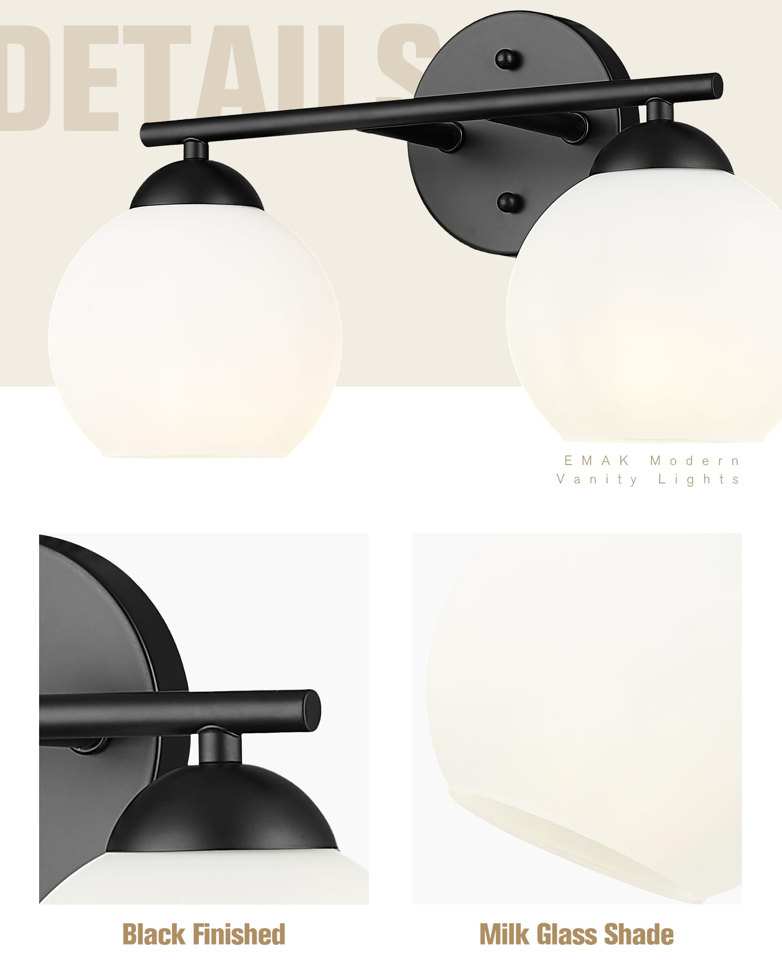Modern Farmhouse 2-Light Bathroom Vanity Light with Milk Glass Shade - Black Wall Sconce for Mirror Lighting (VL114-BK-ML-2) | Perfect for Bathroom, Dressing Room & Makeup Area