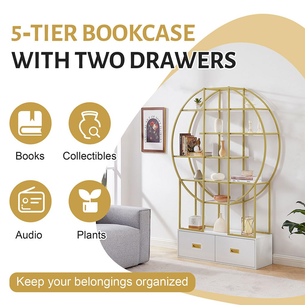 5 Tier Bookshelf with 2 Drawer File Cabinet - 70.8 Inch Round Office Bookshelf, Wood & Metal Storage Organizer for Home Office, Living Room, Bedroom - Perfect for Organizing Books, Files, and Decorative Items