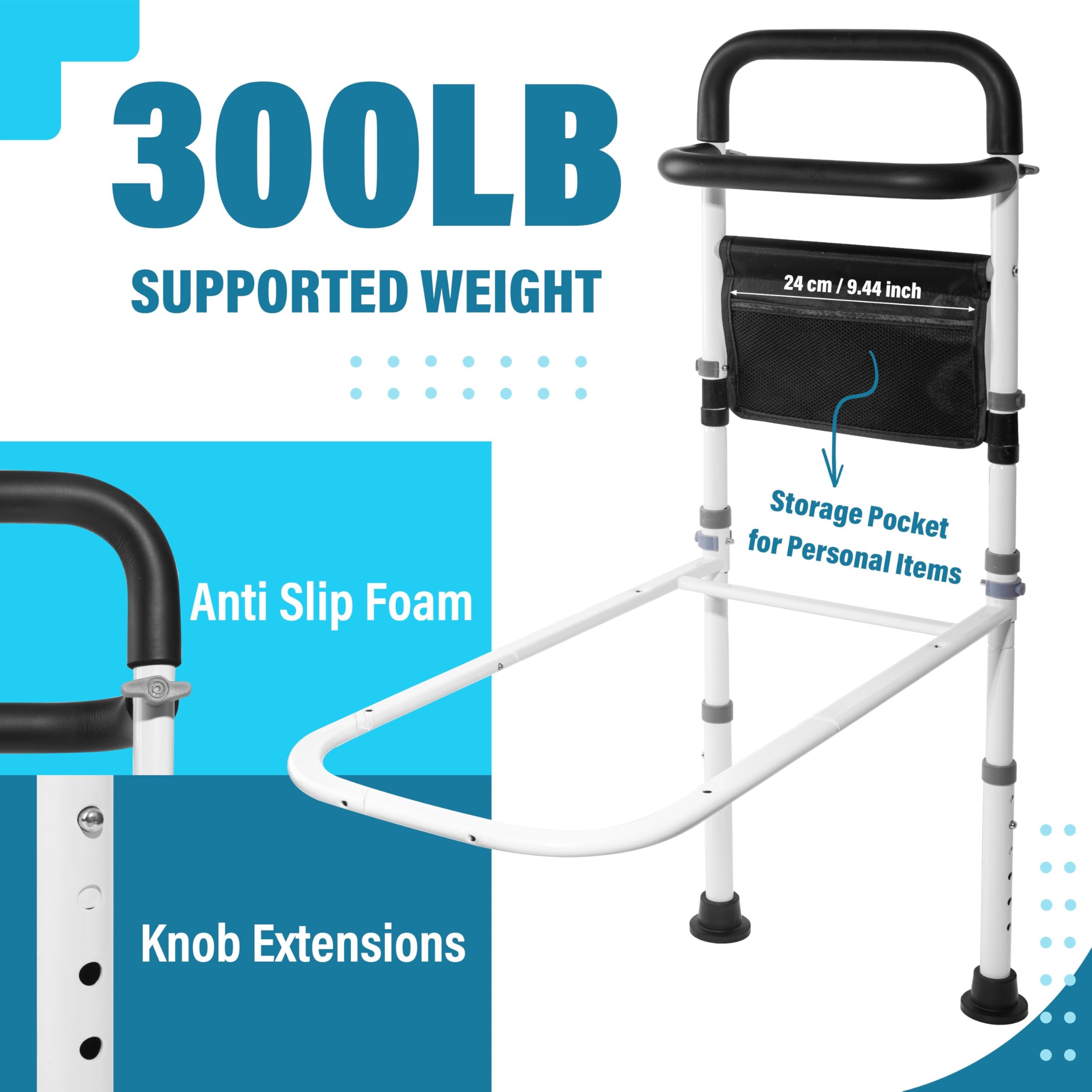 Adjustable Bed Rails for Elderly Adults - Safety Bed Assist Rail with Alarm, Non-Slip Handle & Storage Bag - Supports 300 lbs - Ideal for Home Care, Hospital & Senior Fall Prevention