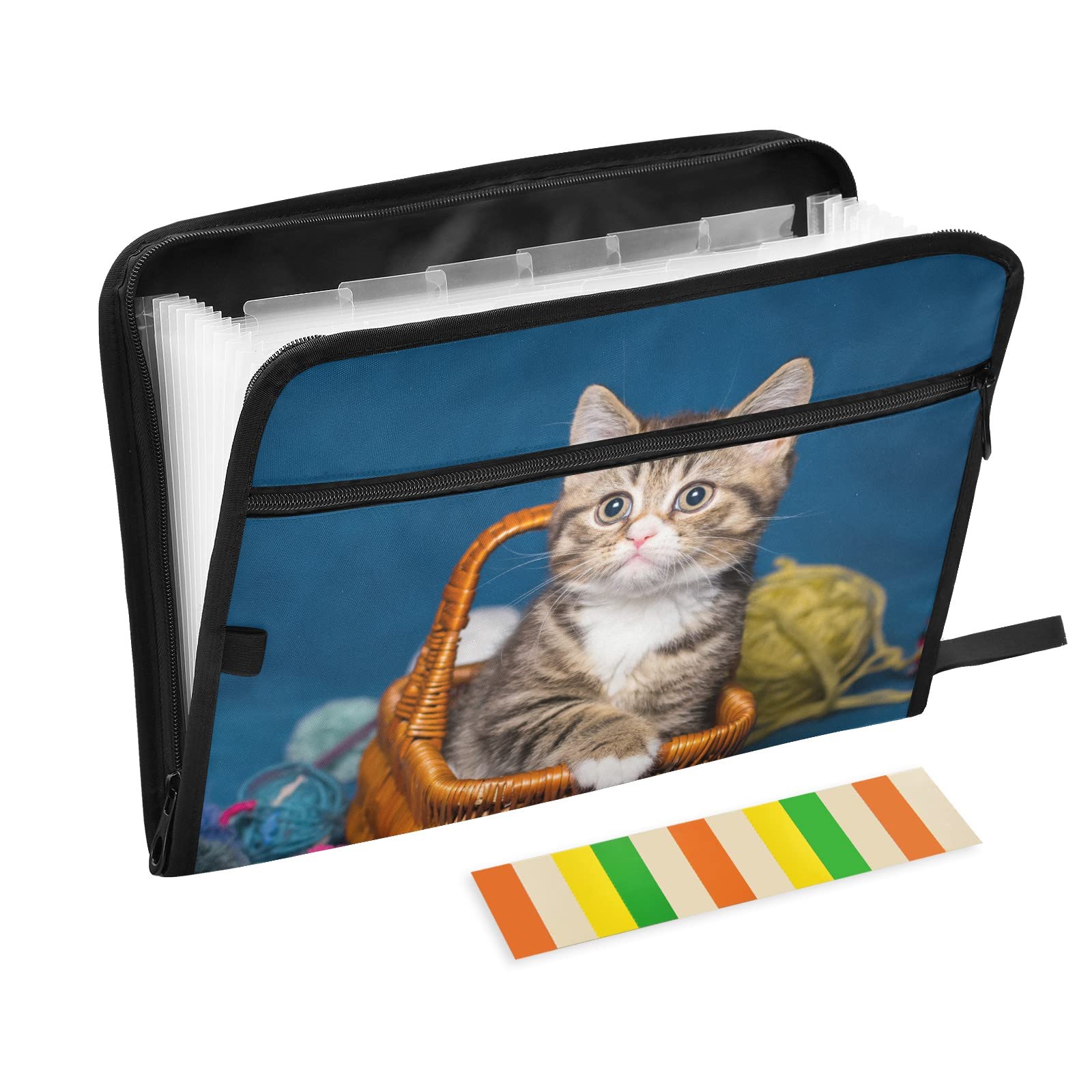 UMIRIKO Cute Cat 13 Pocket Expanding File Folder with Sticky Labels - Accordion Organizer for A4 Letter Size Documents - Zippered Closure Expanding File Folder (Perfect for Office, School, Home Organization & Document Storage)