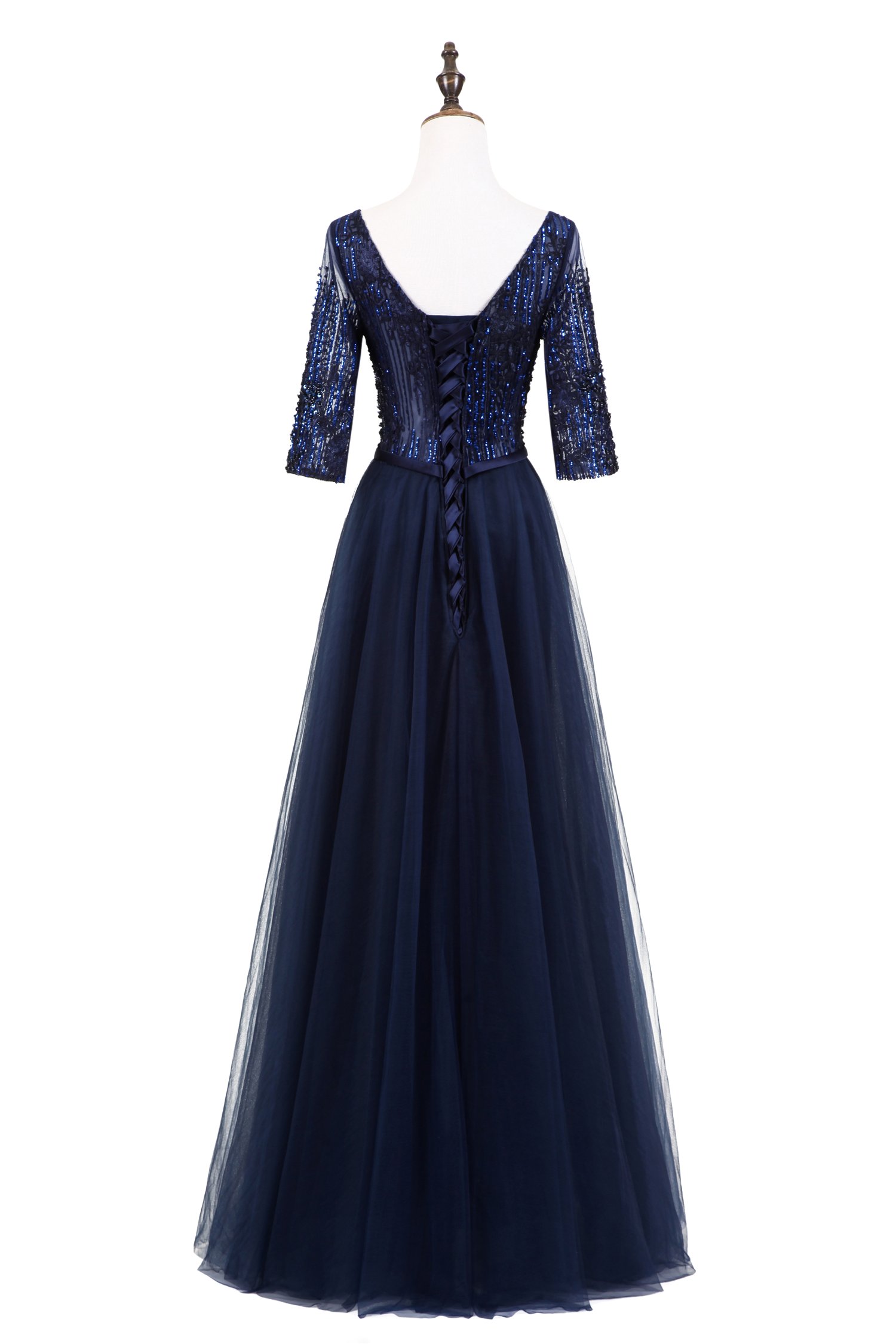 Elegant Women's 1/2 Sleeves Scoop Neck Beaded Sequins Tulle Evening Dress for Prom, Wedding & Special Occasions