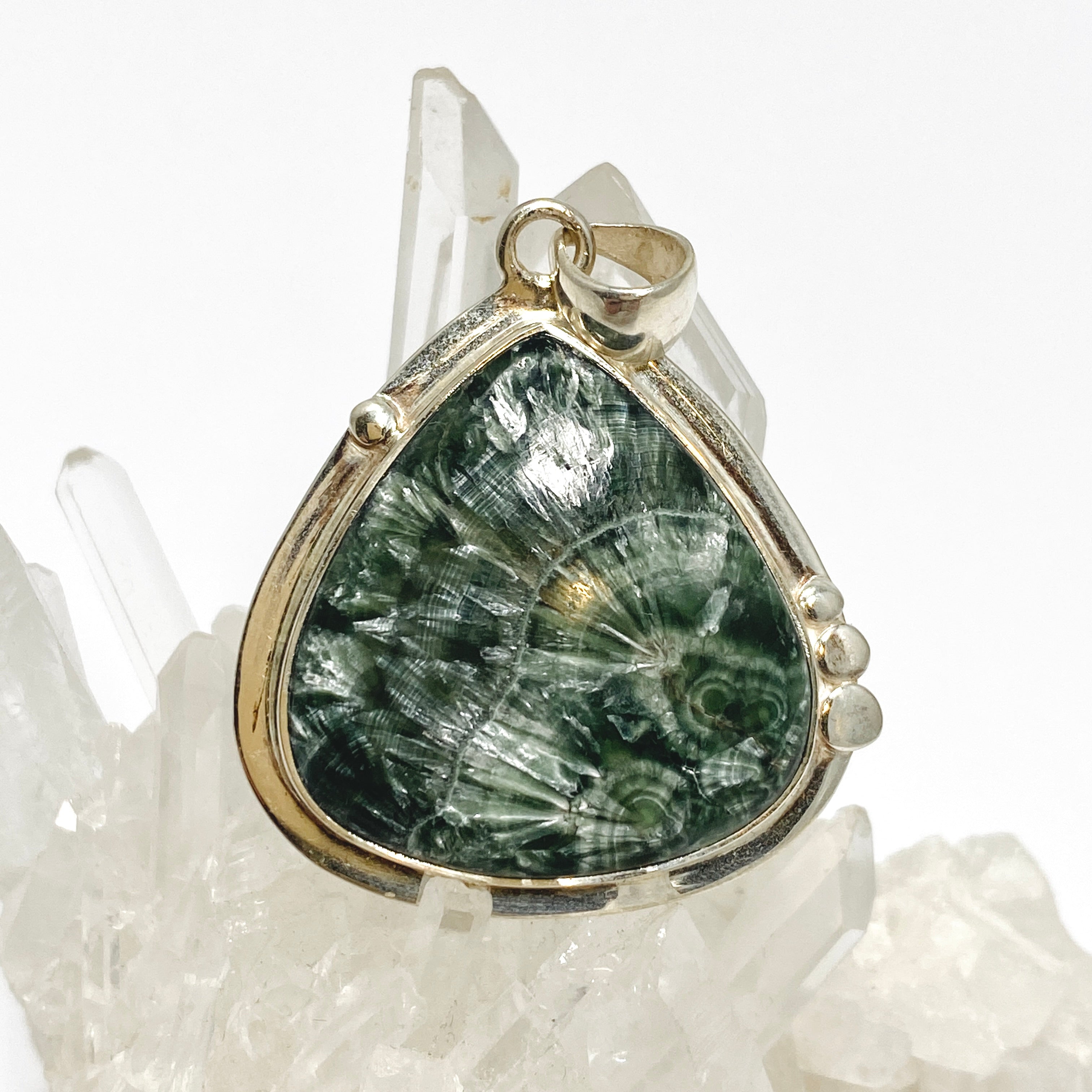 Seraphinite Teardrop Cabochon Pendant in Sterling Silver - Healing Crystal Jewelry for Meditation & Energy Work - Elegant Gift for Spiritual Seekers