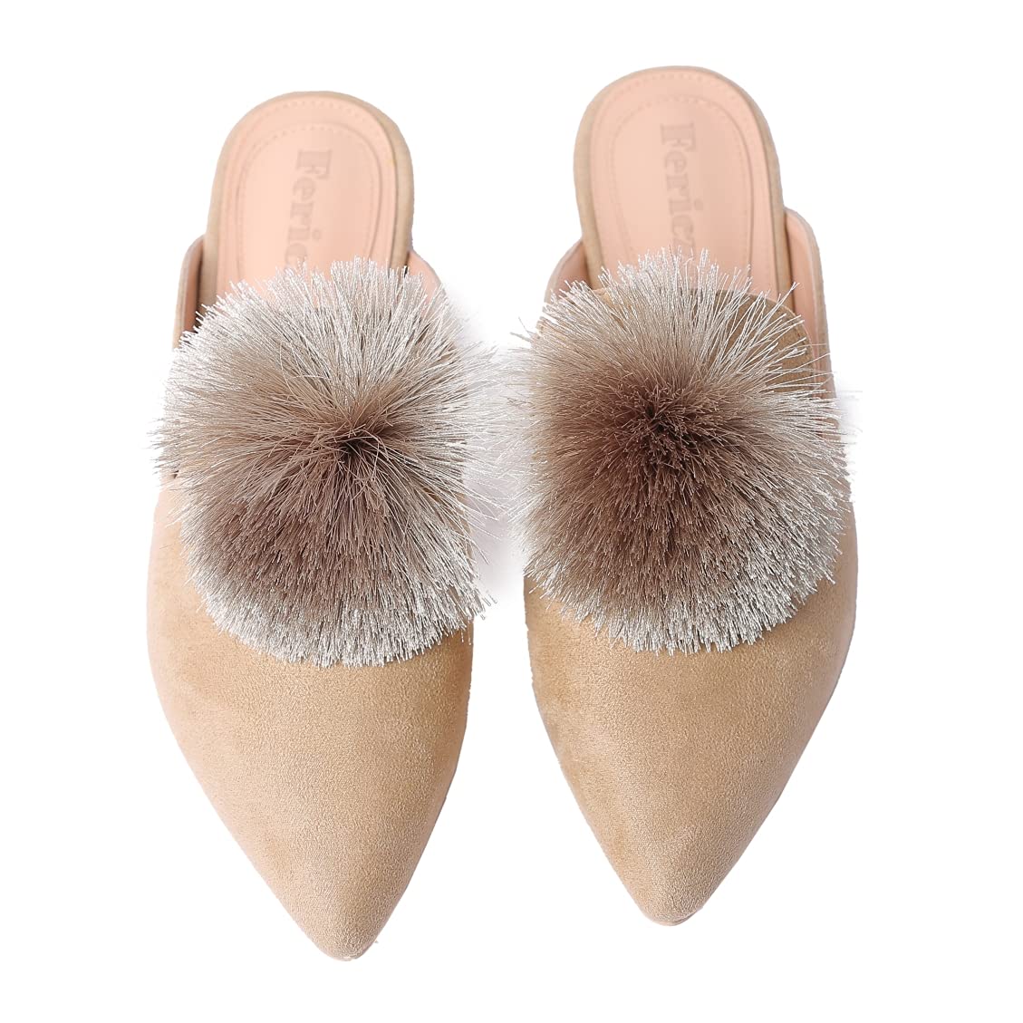 Fericzot Women's Slip On Mule Loafers - Backless Flats with Puff Pompom & Pointed Toe - Comfortable Casual Shoes & House Slippers for Women - Perfect for Home, Office, and Everyday Wear
