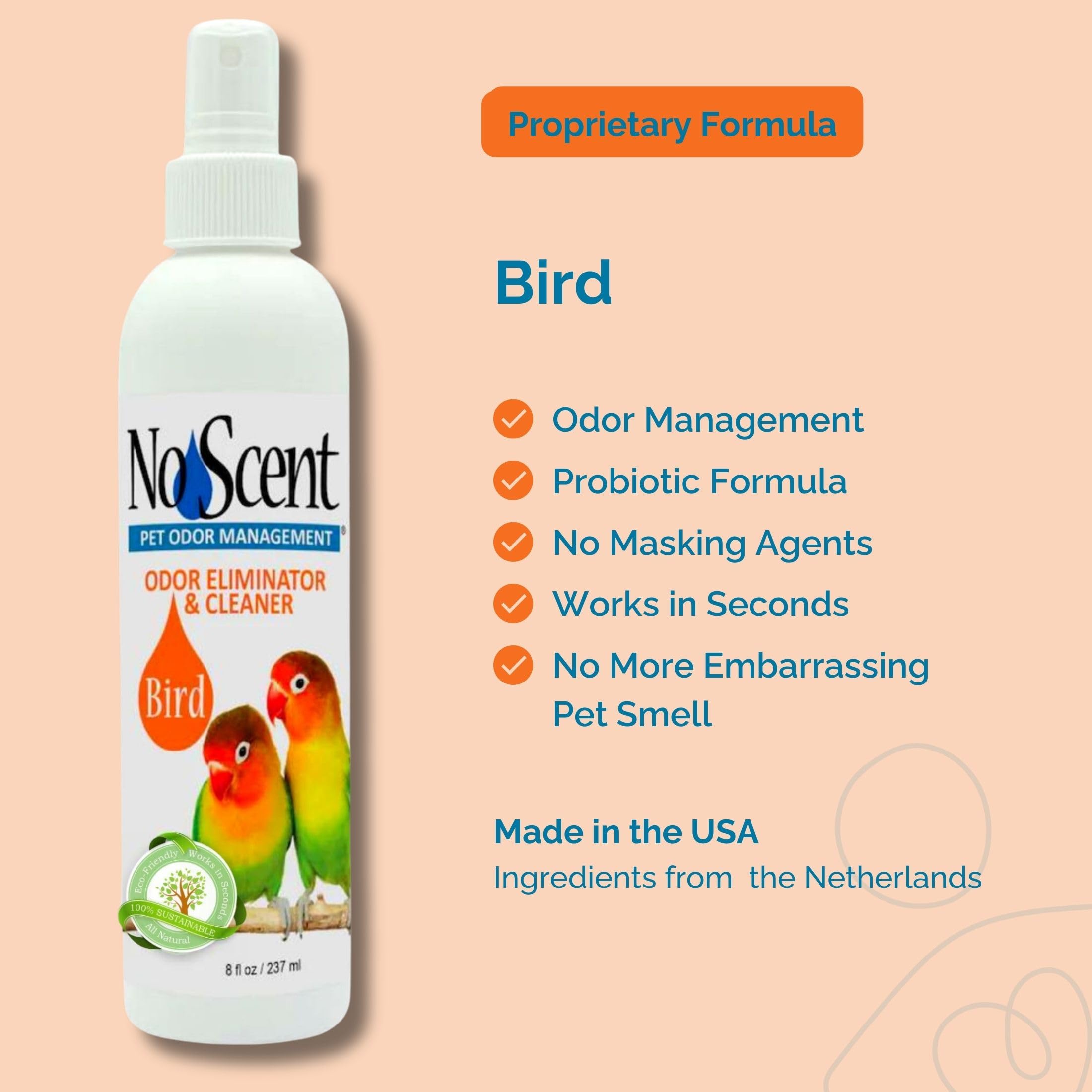 Natural Bird Cage Cleaner Spray - No Scent Pet Odor Eliminator & Aviary Freshener (32 Fl Oz/946mL) for Parrots, Cockatiels & Small Birds - Safe for Daily Cage Cleaning & Odor Control