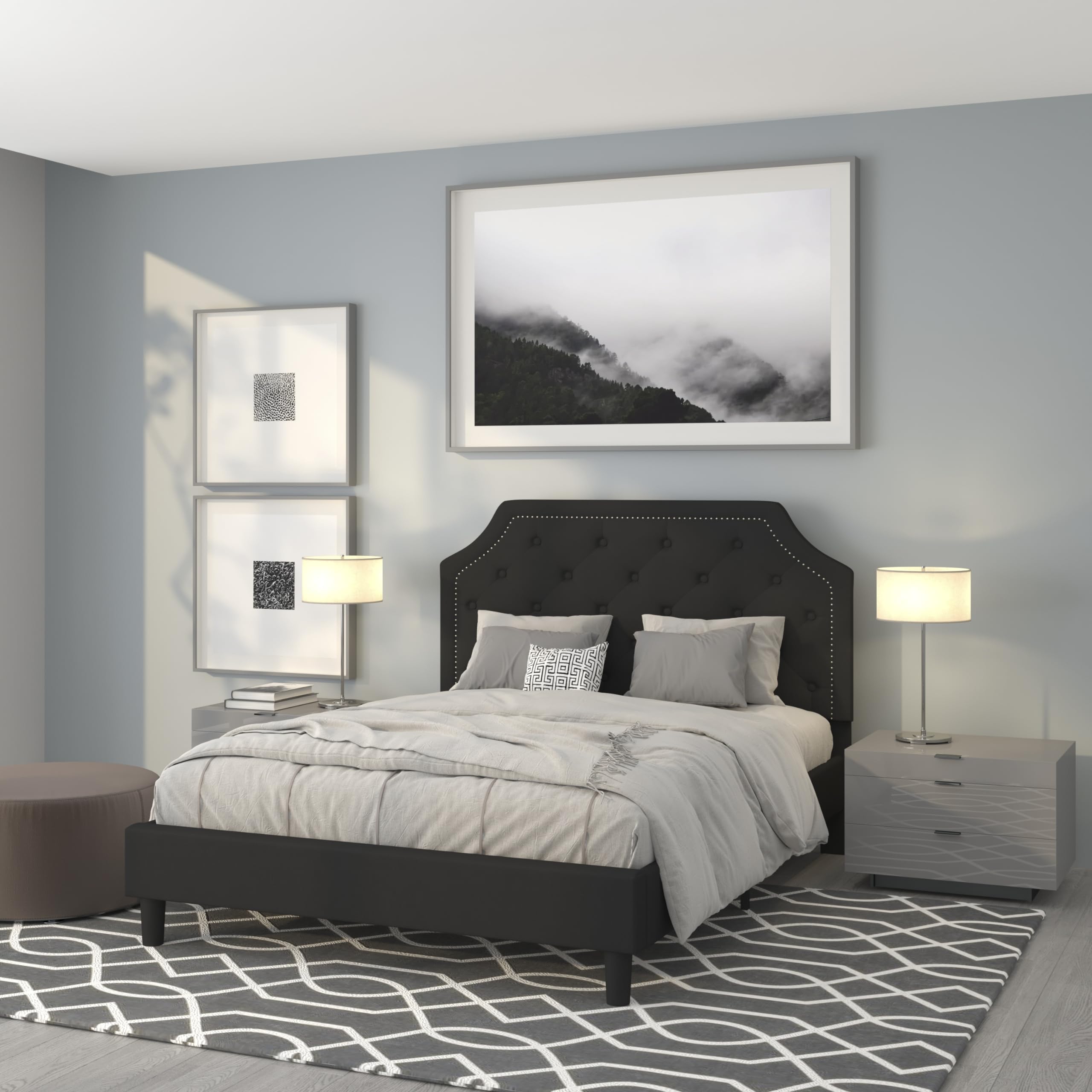 Queen Size Arched Tufted Upholstered Platform Bed Frame with Headboard - Black Fabric Luxury Bedroom Furniture for Master Bedroom & Guest Room