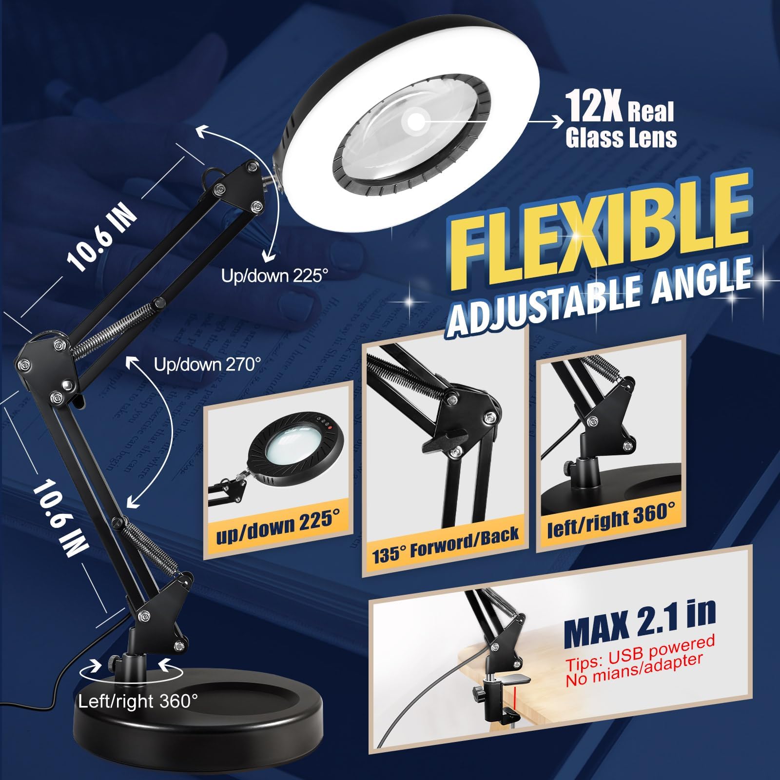 12X Magnifying Glass with Light and Stand - 144 LED Brightest Magnifying Lamp, 10 Dimmable Brightness & 5 Color Modes, Hands-Free Metal Desk Lamp for Crafts, Reading, Painting, Jewelry Making, Watch Repair, and Close Work Tasks