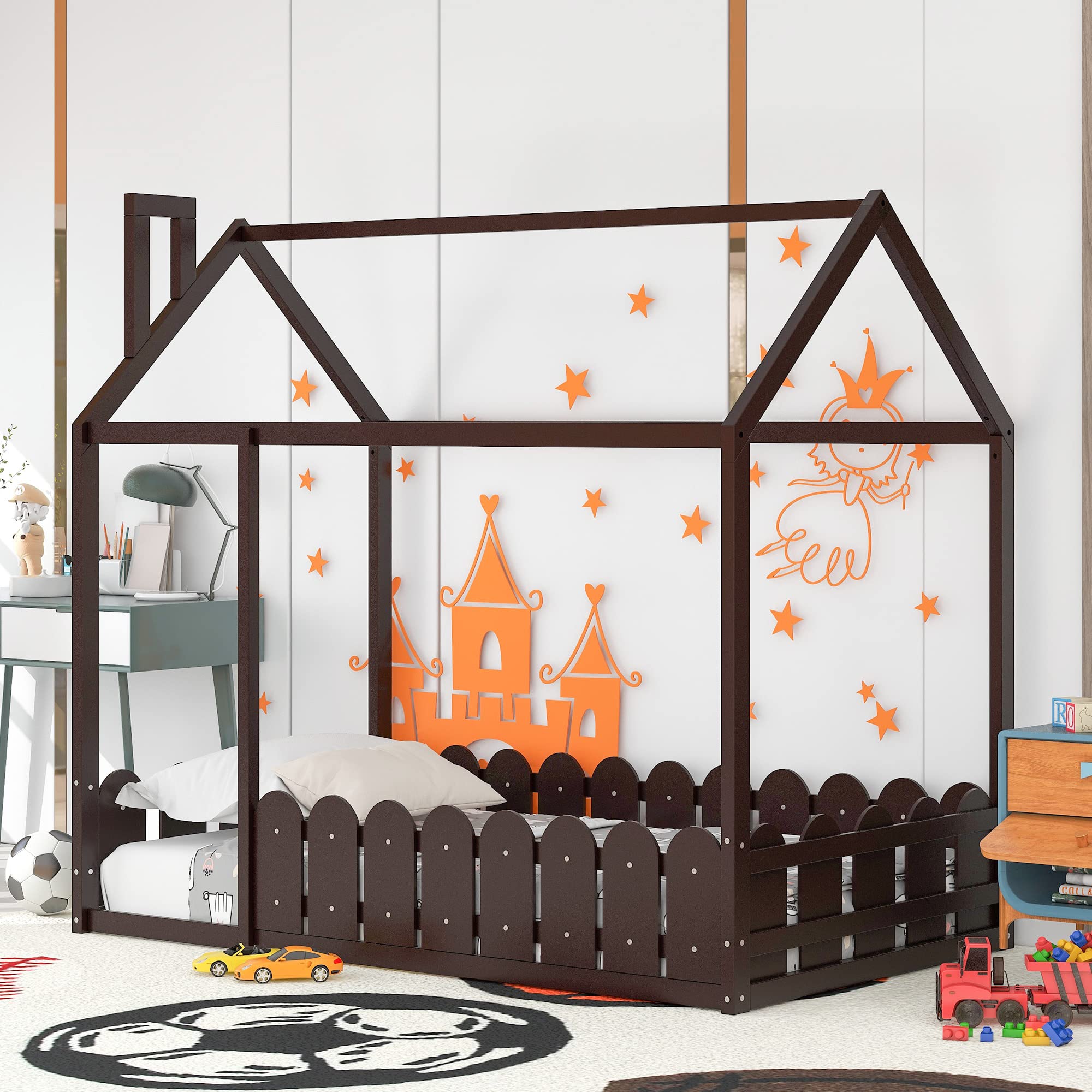 **Kids Wooden Twin Floor Bed with Safety Fence - Espresso Cabin Bed Frame for Toddlers, Boys & Girls - Perfect for Bedrooms, Playrooms & Small Spaces**